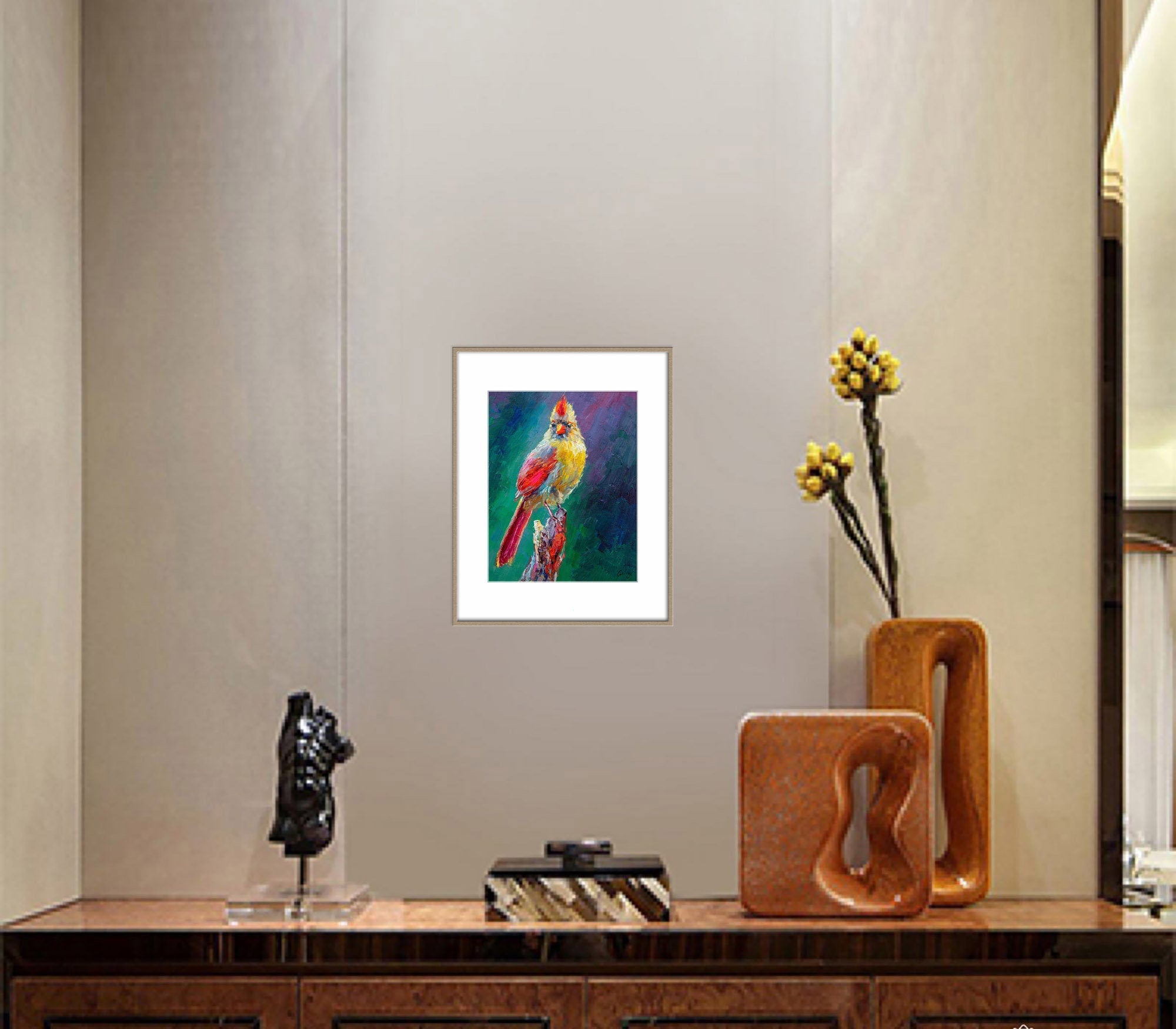 Original Northern Cardinal Female Bird Oil Painting - Handmade Impressionist Artwork - Perfect for Home Decor, Living Room Wall Art & Gift Ideas