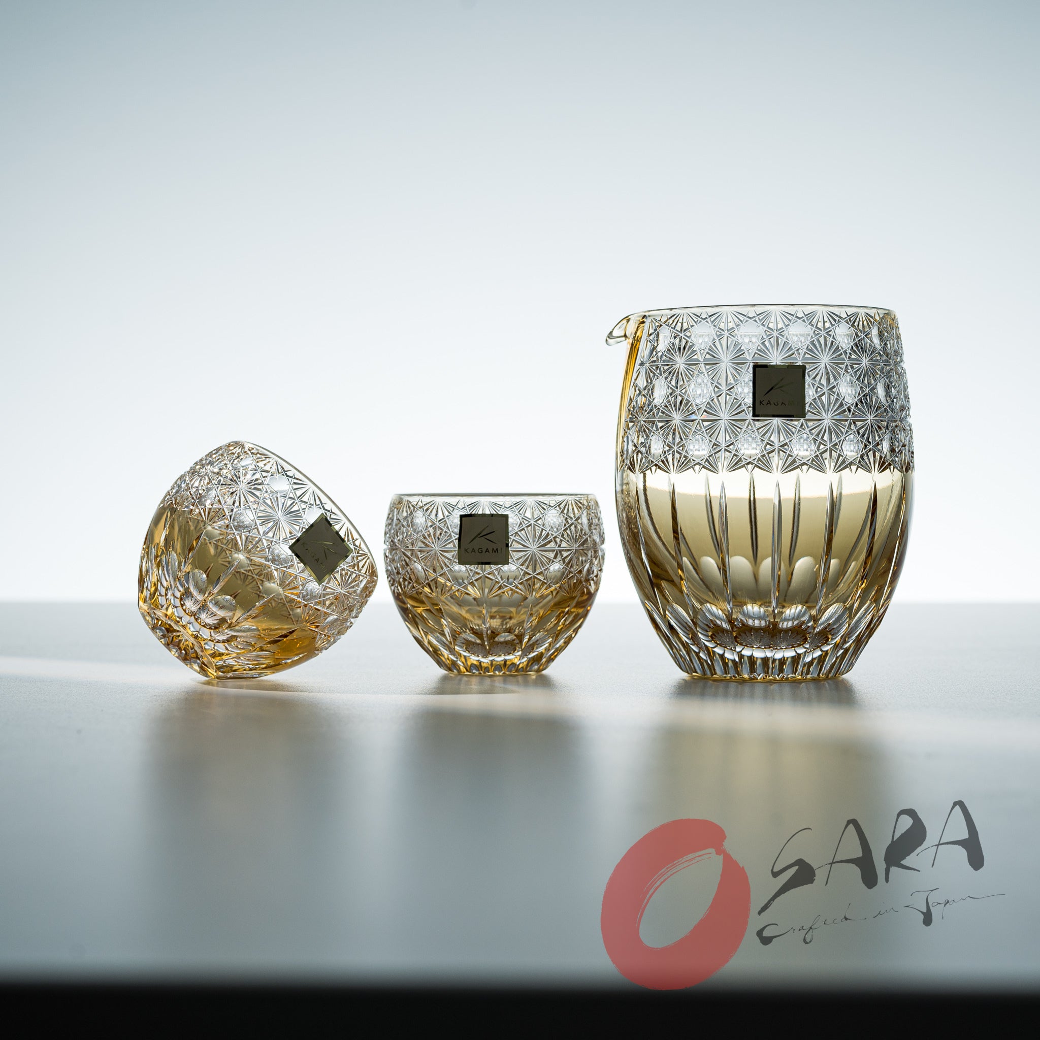 KAGAMI Crystal Edo Kiriko Sake Set - Dazzling Wind (Junichi Nabetani) - Premium Japanese Handcrafted Glass Sake Cups & Decanter Set for Gifts, Special Occasions & Japanese Dining Experience