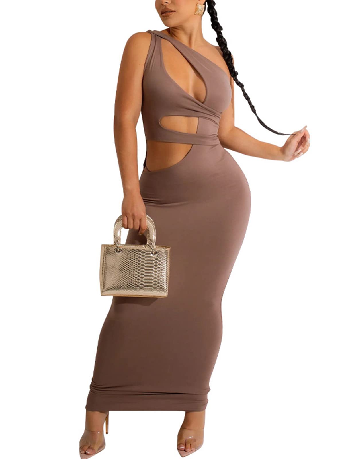2024 Summer Women's One Shoulder Cut Out Maxi Dress - Sexy Bodycon Sleeveless Ruched Long Dress for Club, Birthday Party & Night Out | Beach Vacation, Date Night & Special Occasion Outfit