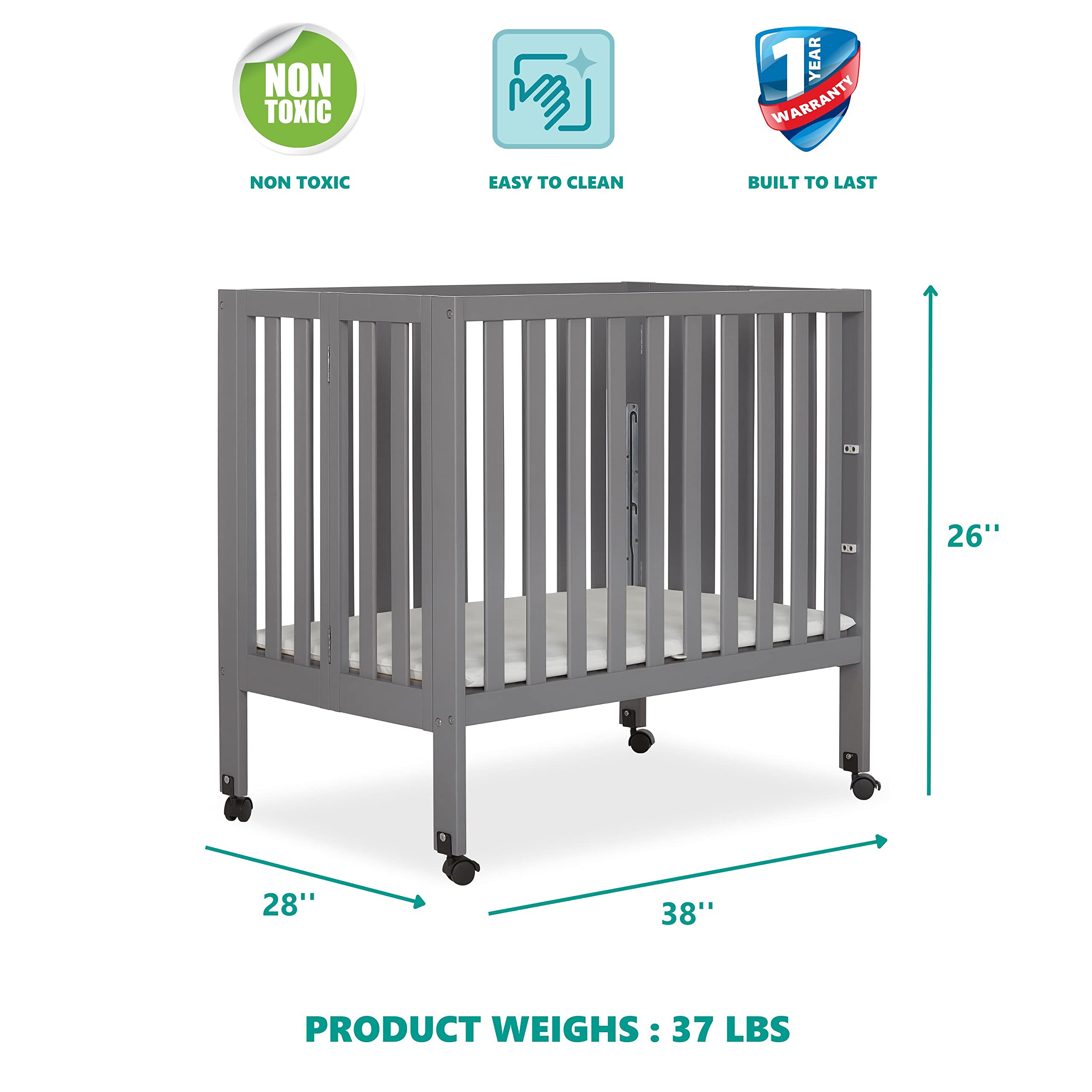 Dream On Me Jett Convertible Folding Crib - Lightweight Portable Travel Crib with 3 Adjustable Mattress Heights | Includes 1.5