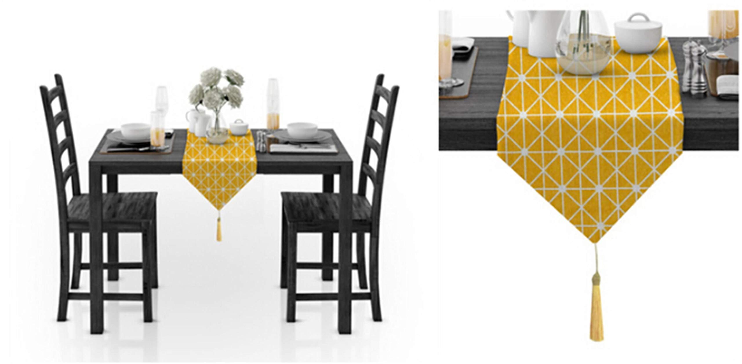 Yellow Cotton Table Runners with Geometric Pattern & Tassel Trim - 11.5