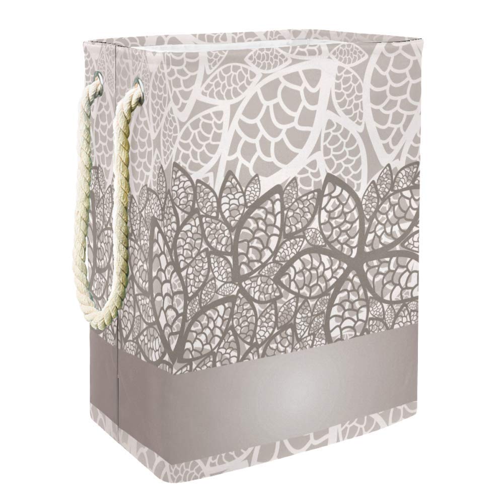 Premium Collapsible Laundry Hamper with Silver Leaves Lace Print - Large Foldable Clothes Basket with Handles for Nursery, Bedroom & Dorm Organization | Space-Saving Storage Solution