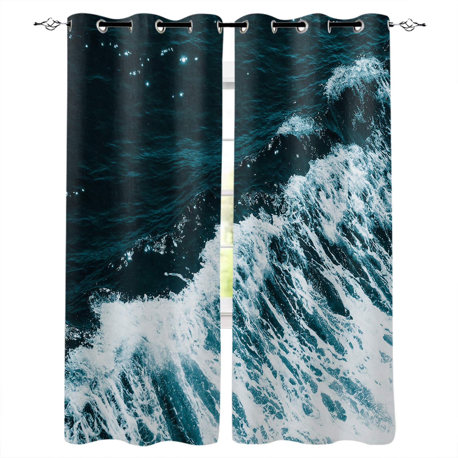 Thermal Insulated Room Darkening Curtains Set of 2 - Ocean Wave Blue Print Blackout Drapes 52x96 Inch for Bedroom & Bathroom | Energy Saving Window Treatment for Summer & Winter