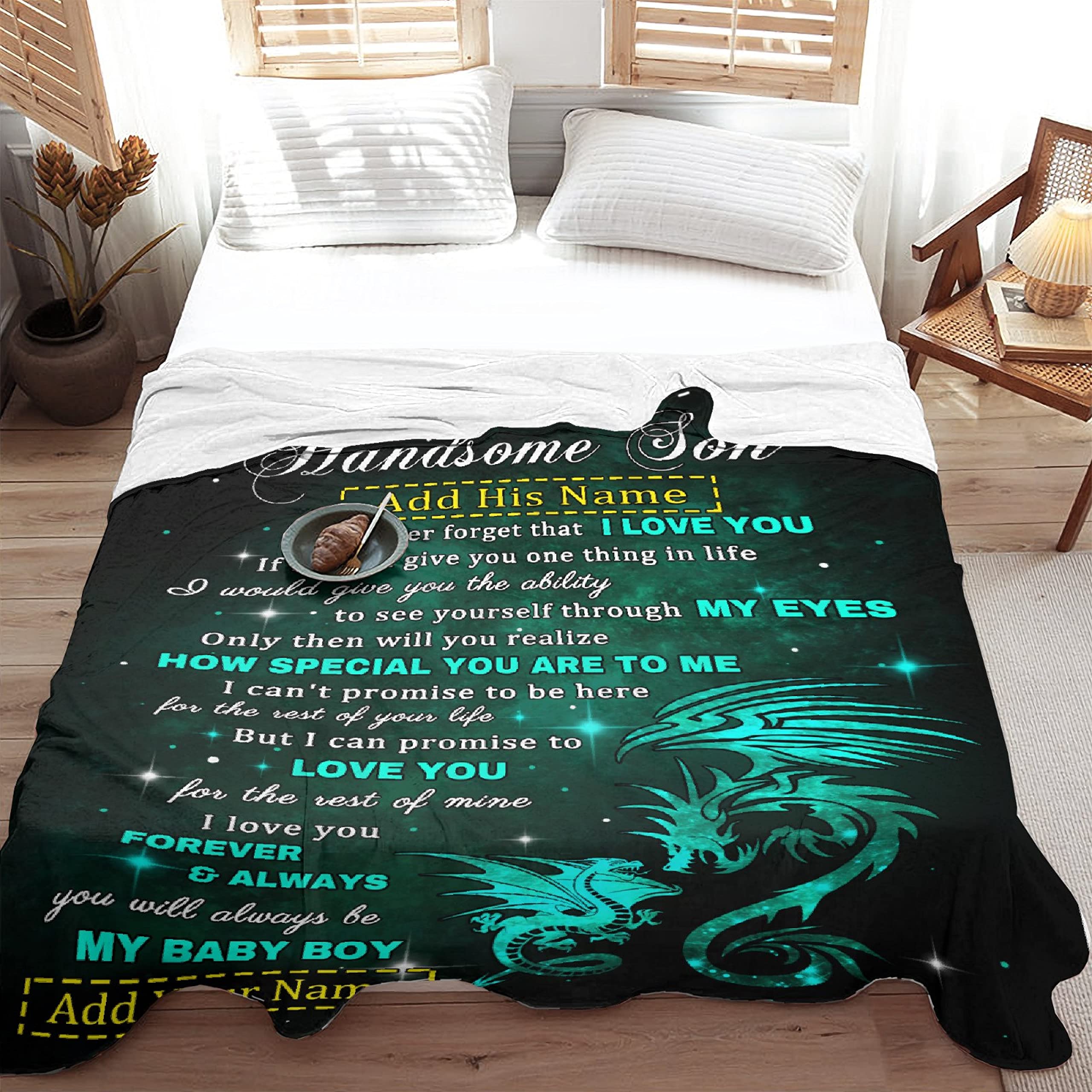 Personalized Dragon Blanket for Son - Custom Name Gift from Mom & Dad | 90x120 Inch Lightweight Flannel Throw Blanket for Boys & Men | Super Soft Comfy Blanket for Birthday, Christmas, Couch, Sofa Decor | Perfect for Snuggling, Gifting & Home Decoration
