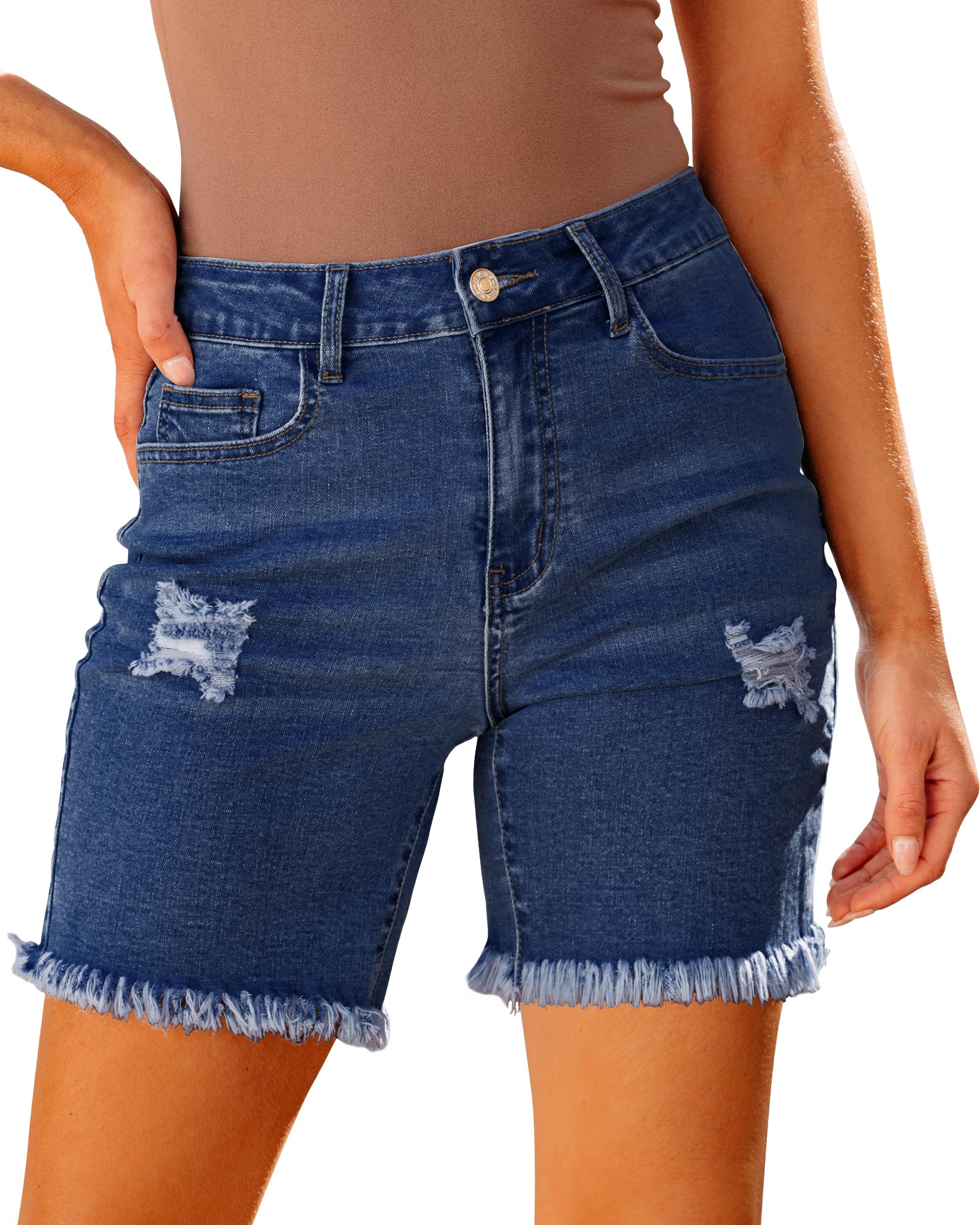 Luvamia Women's High Waisted Distressed Denim Shorts - Stretchy Ripped Raw Hem Casual Jean Shorts | Perfect for Summer Outfits, Beach Vacations & Street Style Fashion