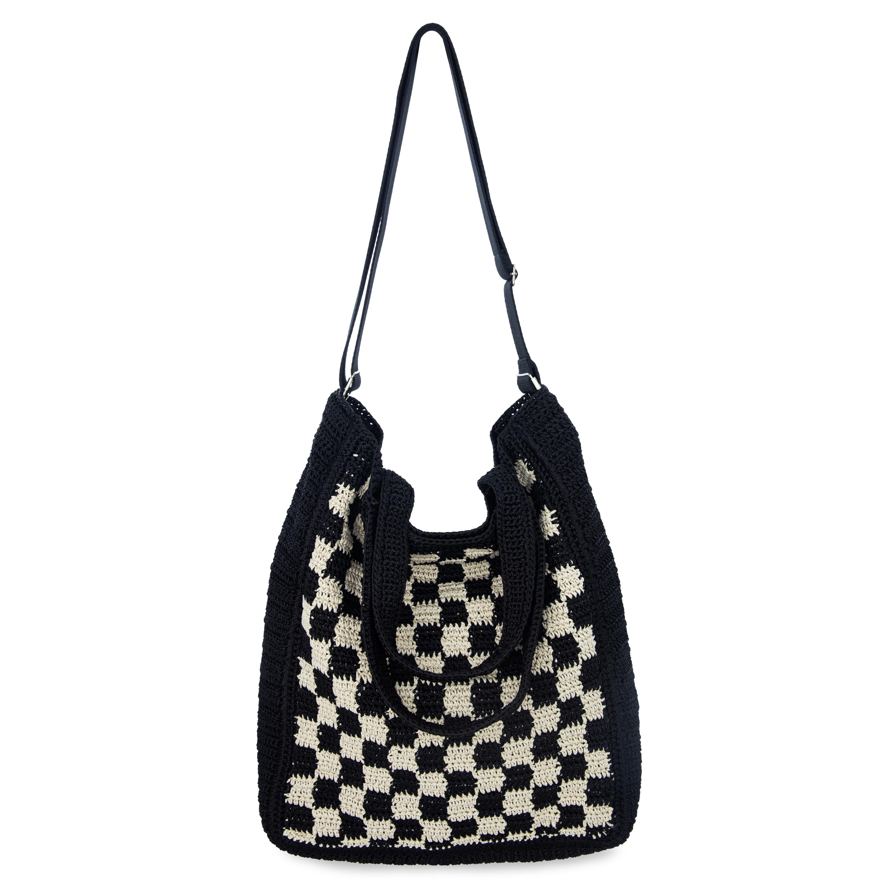 Hand Crochet Lanie Market Tote Bag - Black Checkered Pattern - Perfect for Grocery Shopping, Beach Trips & Farmers Market Visits