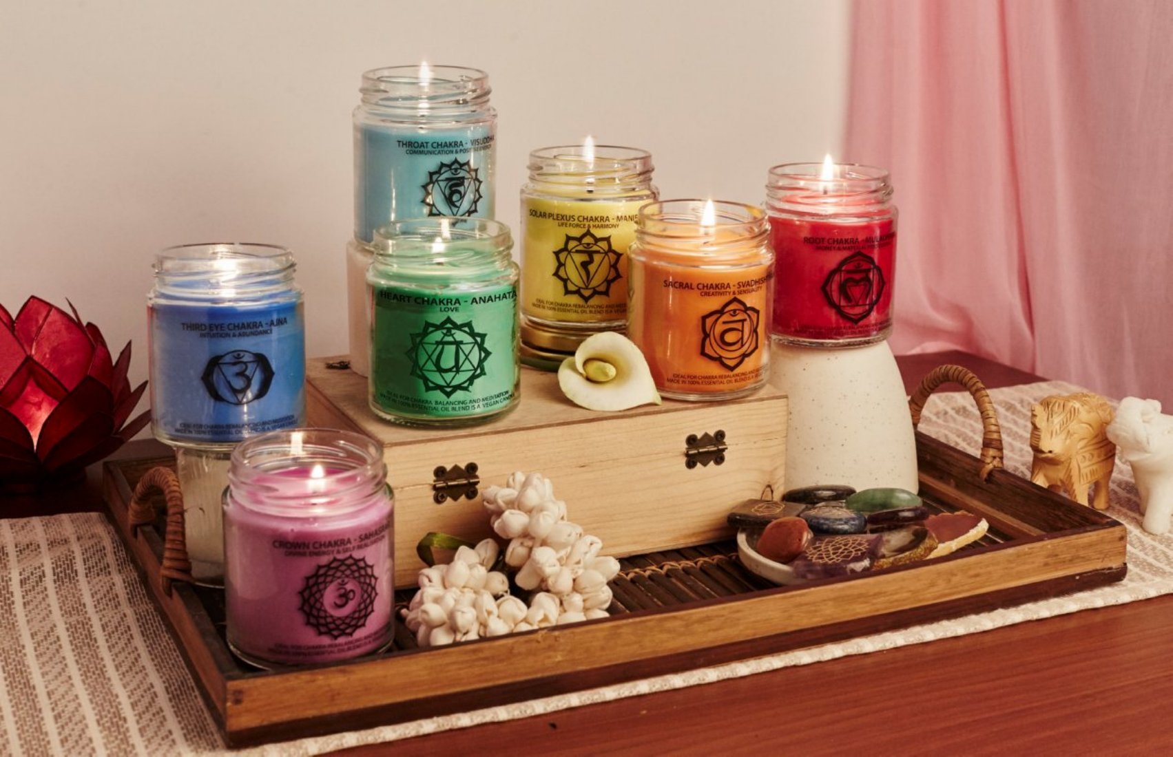 RESONANCE Seven Chakra Meditation Set - Natural Wax Medium Jar Candle for Yoga, Reiki Healing & Spiritual Relaxation