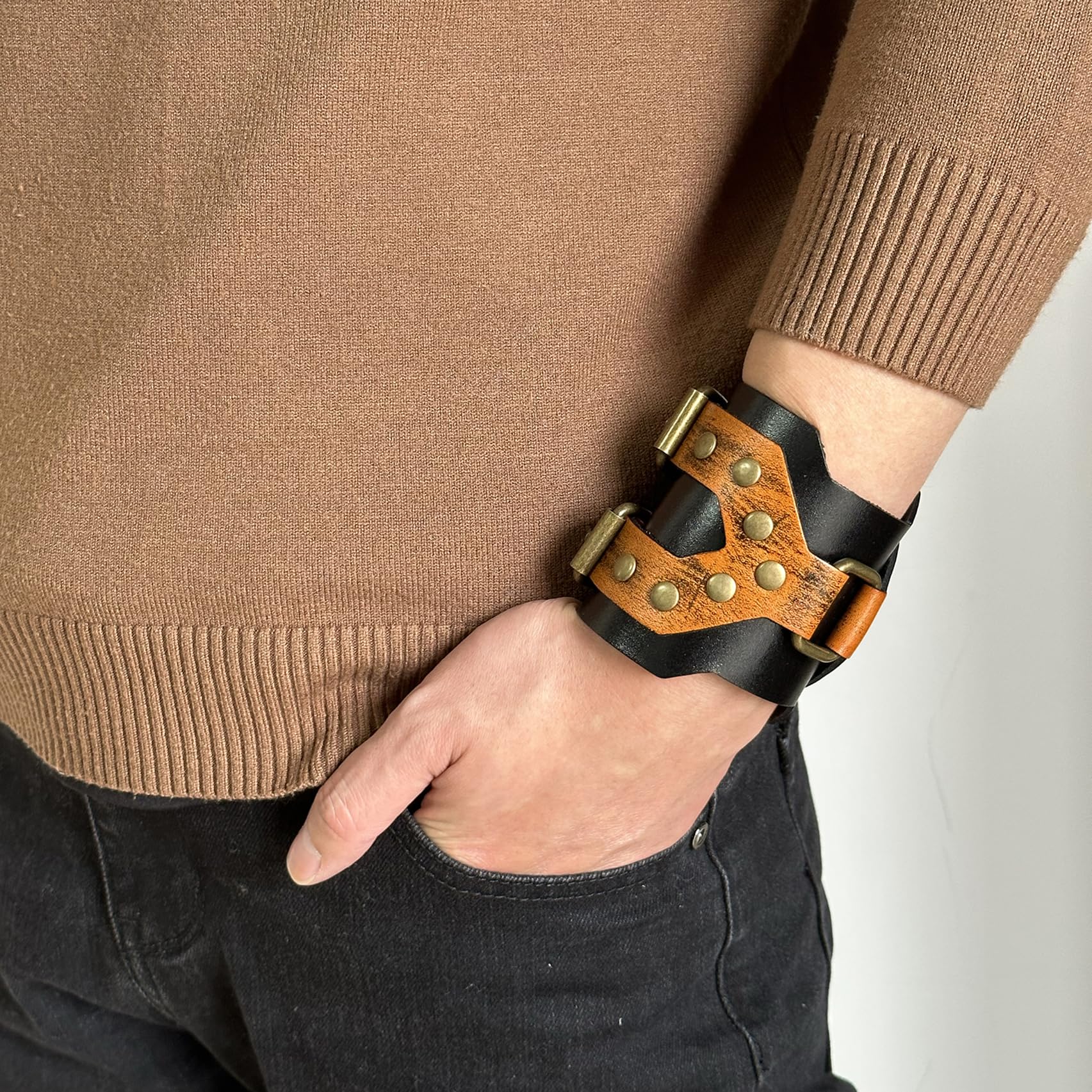 Punk Rock Wide Faux Leather Wristband - Adjustable Belt Buckle Arm Cuff Bracelet for Women & Men - Gothic Fashion Accessory for Concerts, Halloween & Alternative Style Outfits