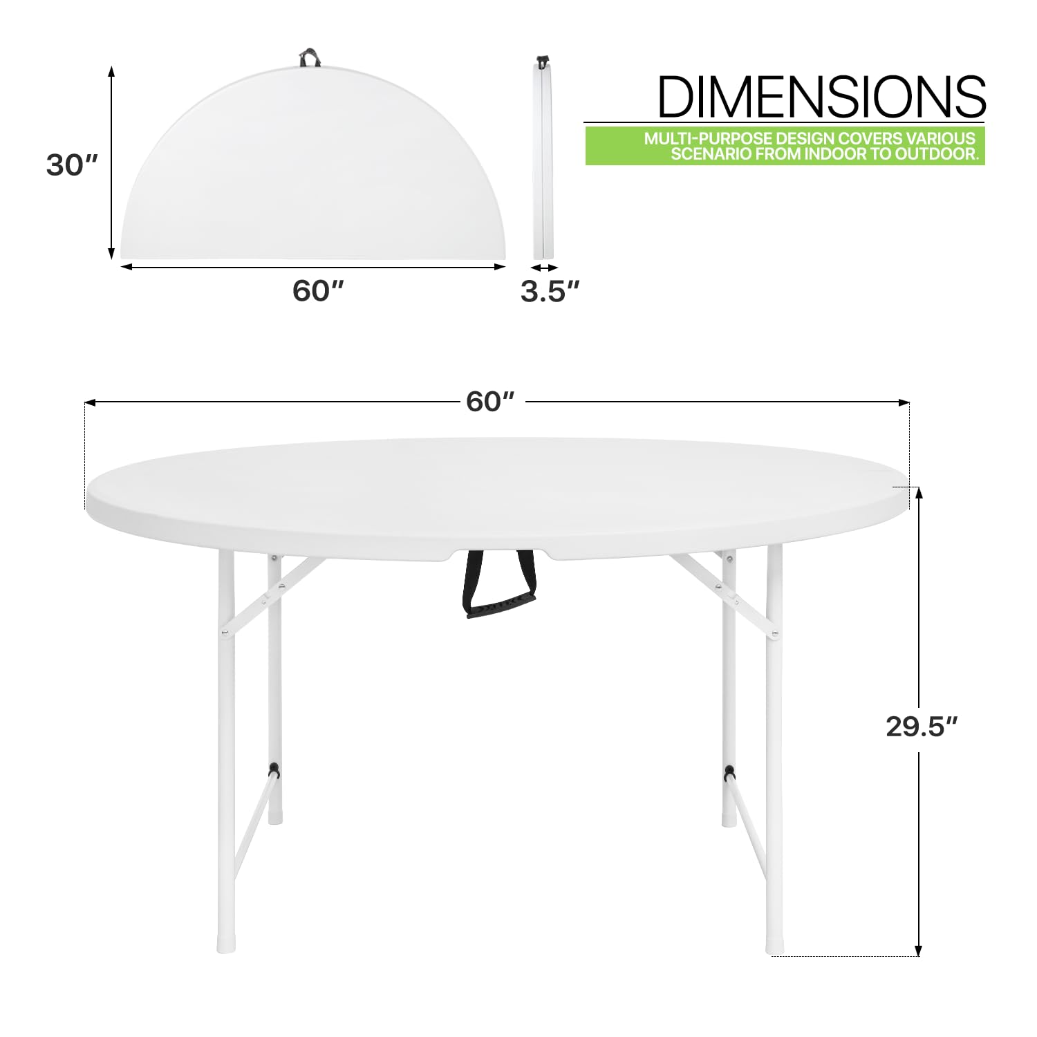 Magshion 60 Inch Round Folding Table - 5 Foot Foldable Plastic Table for Dining, Cards, Parties - Indoor & Outdoor Use - Perfect for Weddings, Events, Picnics & BBQs - White