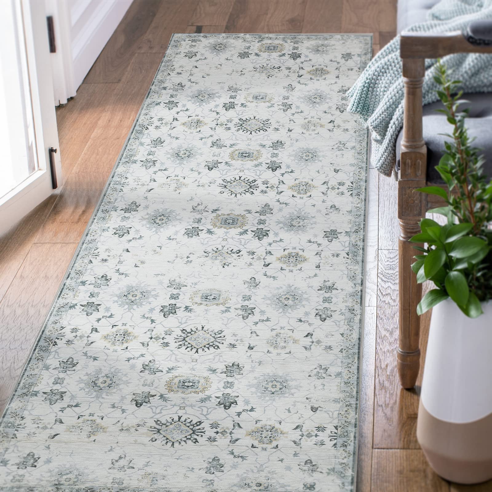 Jinchan 2x8 Runner Rug - Vintage Persian Washable Hallway Rug with Grey Floral Print, Non-Slip Boho Thin Rug for Kitchen, Bathroom, Laundry Room, Bedroom & Farmhouse Decor - Soft Bath Mat for Home & Office Use