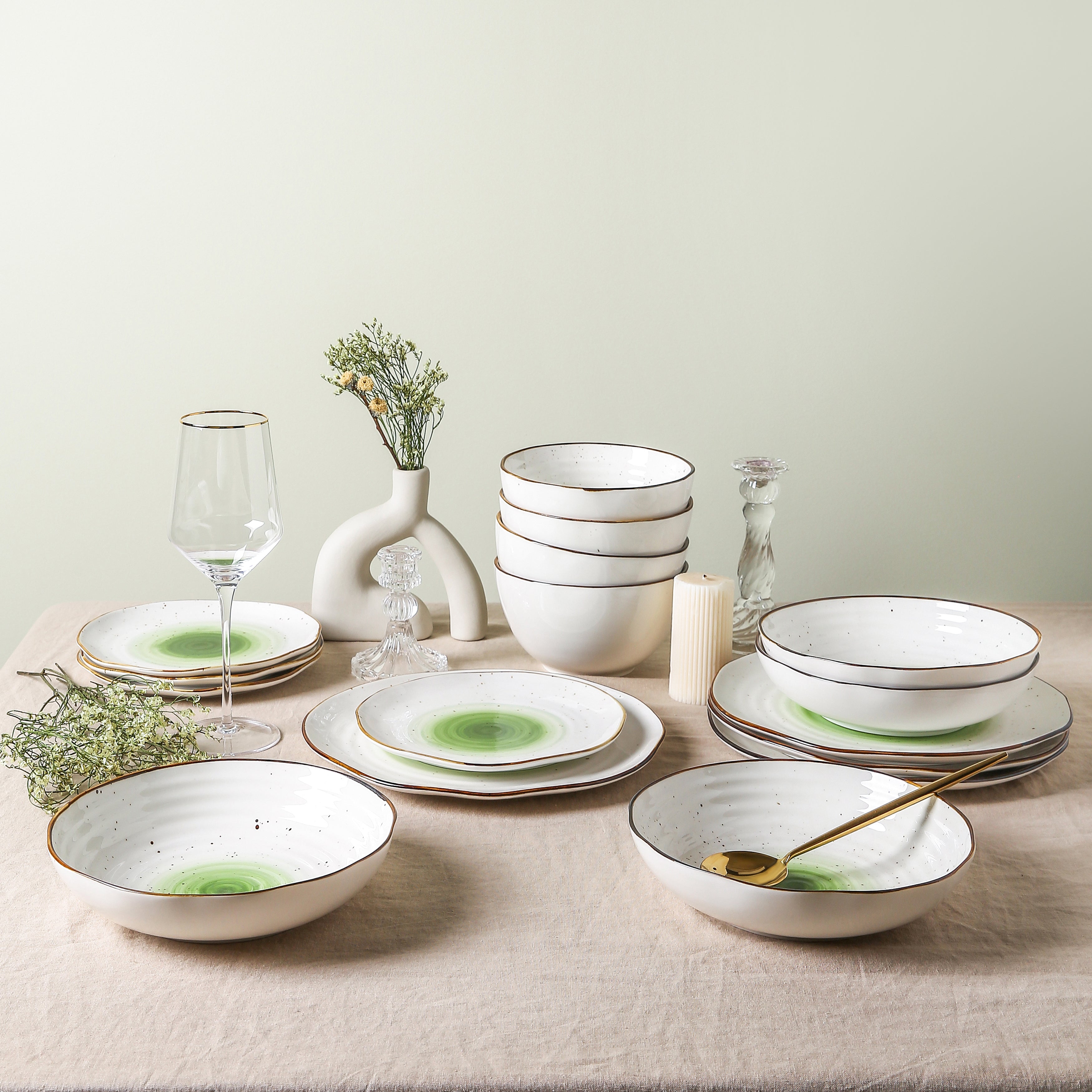 Premium Luma Porcelain Dinnerware Set - Elegant Green 12-Piece Tableware for Fine Dining, Dinner Parties & Home Decor