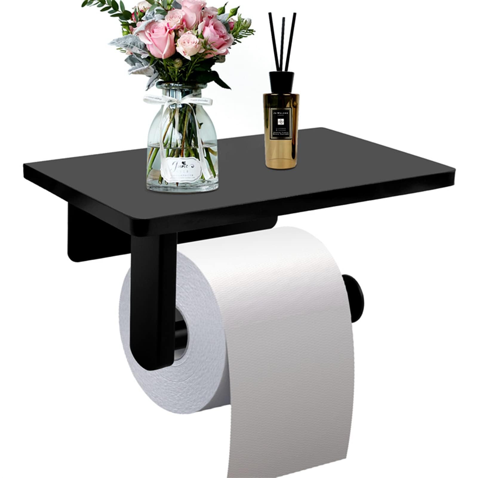 Premium Wall Mounted Toilet Paper Holder with Natural Marble Shelf - Black Bathroom Tissue Dispenser for Mega Rolls (7.87