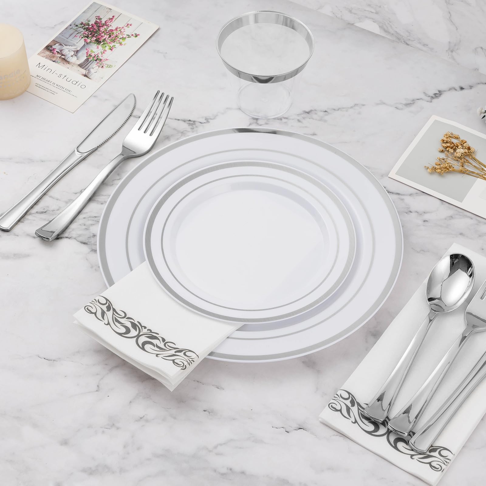 700-Piece Silver Plastic Dinnerware Set for 100 Guests - Includes 100 Dinner Plates, Dessert Plates, Silverware Sets, Cups & Napkins - Elegant Disposable Tableware for Weddings, Parties & Events