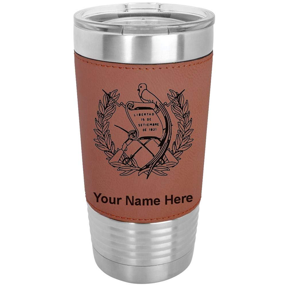 LaserGram 20oz Vacuum Insulated Stainless Steel Tumbler with Guatemala Flag Design - Personalized Engraved Travel Mug, Leakproof & Sweatproof - Perfect for Coffee, Tea & Cold Drinks at Home, Office or Outdoor Adventures (Faux Leather Handle, Dark Brown)