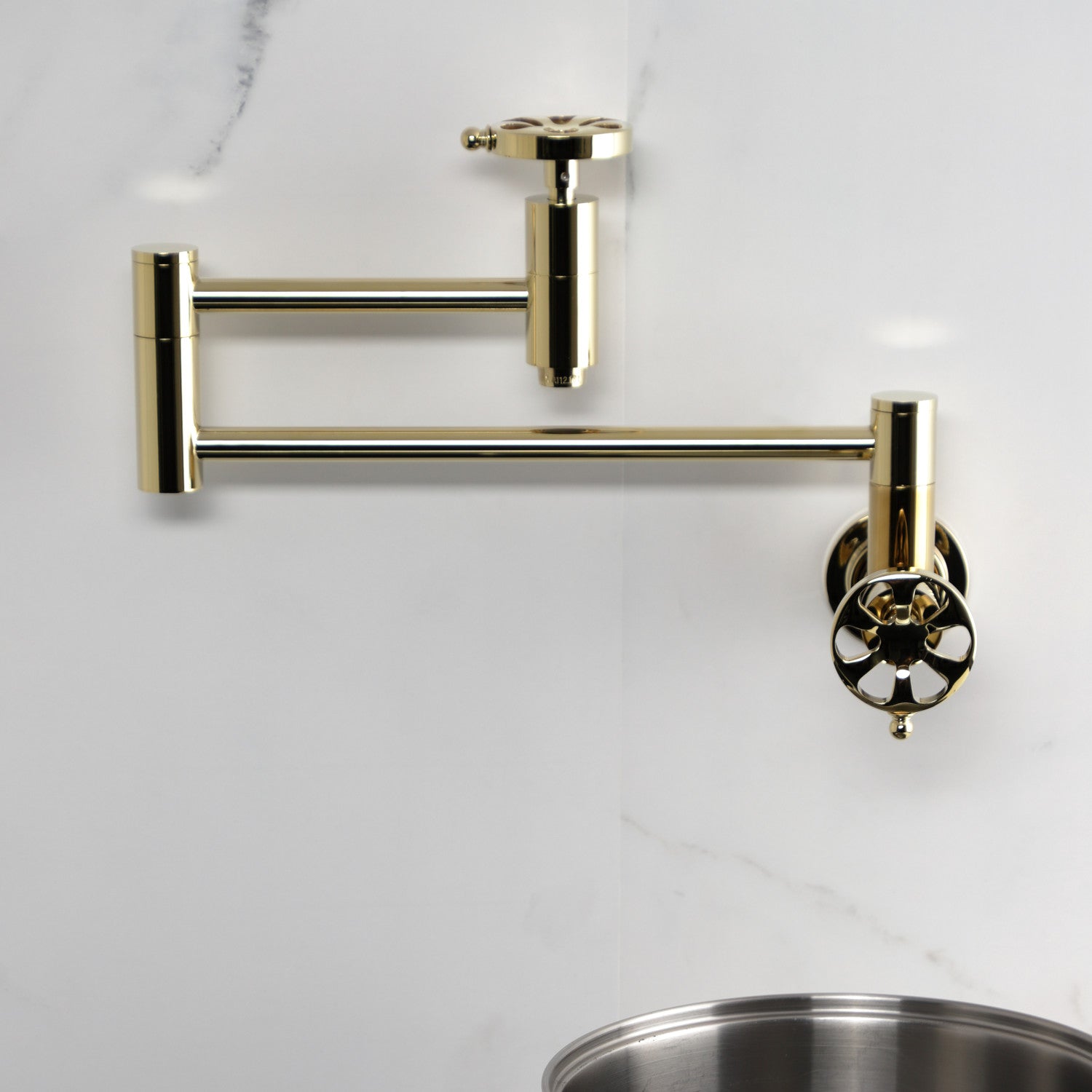 Belknap KS8102RX Two Handle Wall Mount Pot Filler Faucet - Polished Brass Finish - Ideal for Kitchen, Sink, and Stove Area - Perfect for Filling Large Pots and Pans