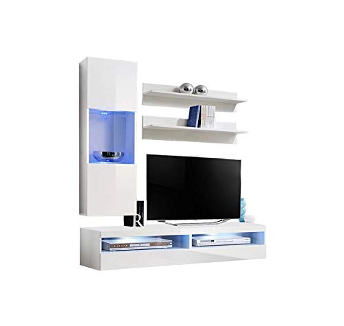 Modern White Wall-Mounted TV Stand with Storage Shelves & LED Lights - 35
