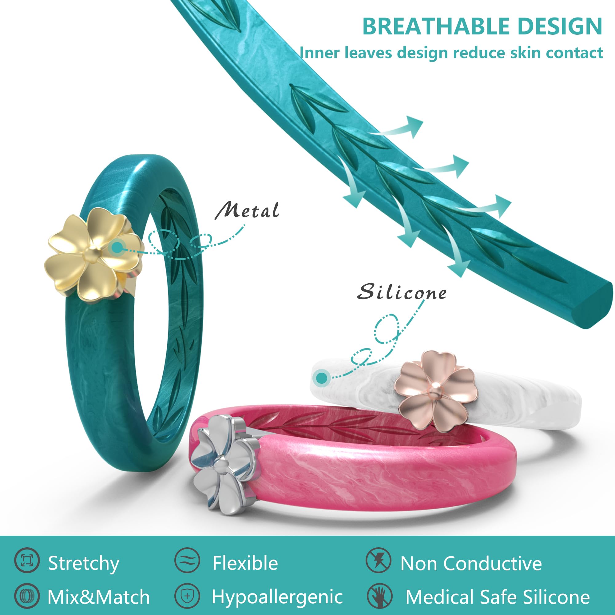 Zollen Women's Silicone Wedding Bands - 3 Pack Flower Shaped Rubber Rings, Size 10 - Comfortable & Durable for Active Lifestyles, Swimming, Yoga & Outdoor Activities