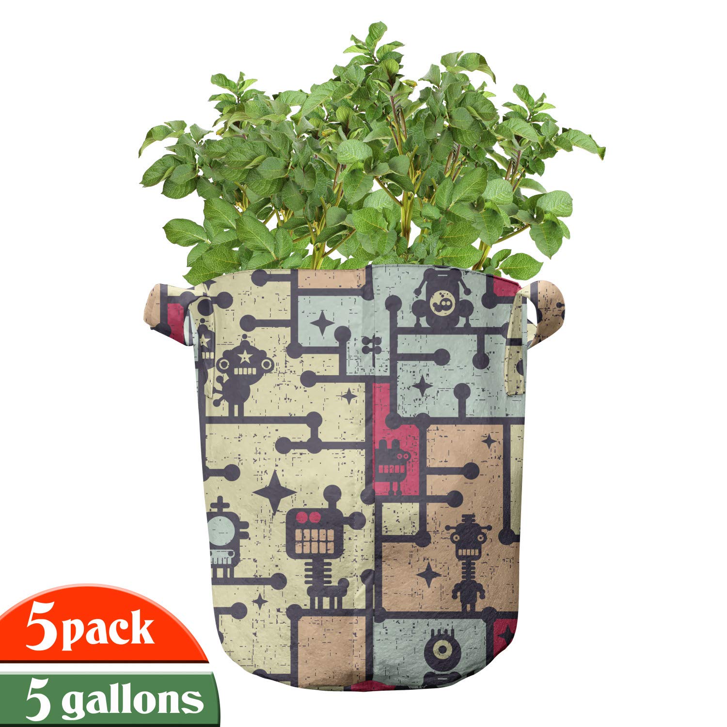 Ambesonne 5-Pack Heavy Duty 5 Gallon Fabric Grow Bags with Handles - Space Robots Grid Design Plant Pots for Indoor/Outdoor Gardening, Vegetables, Flowers & Herbs