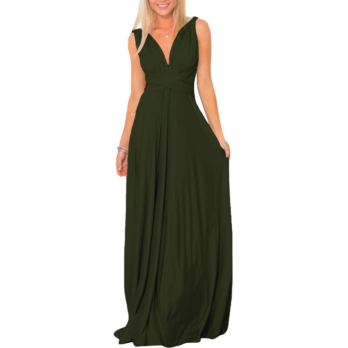 Elegant Convertible Women's Evening Long Dress - Multi-Way Wrap Bridesmaid, Wedding, Prom & Cocktail Gown | Summer Beach Maxi Sundress in Army Green | Perfect for Parties, Pageants & Formal Events