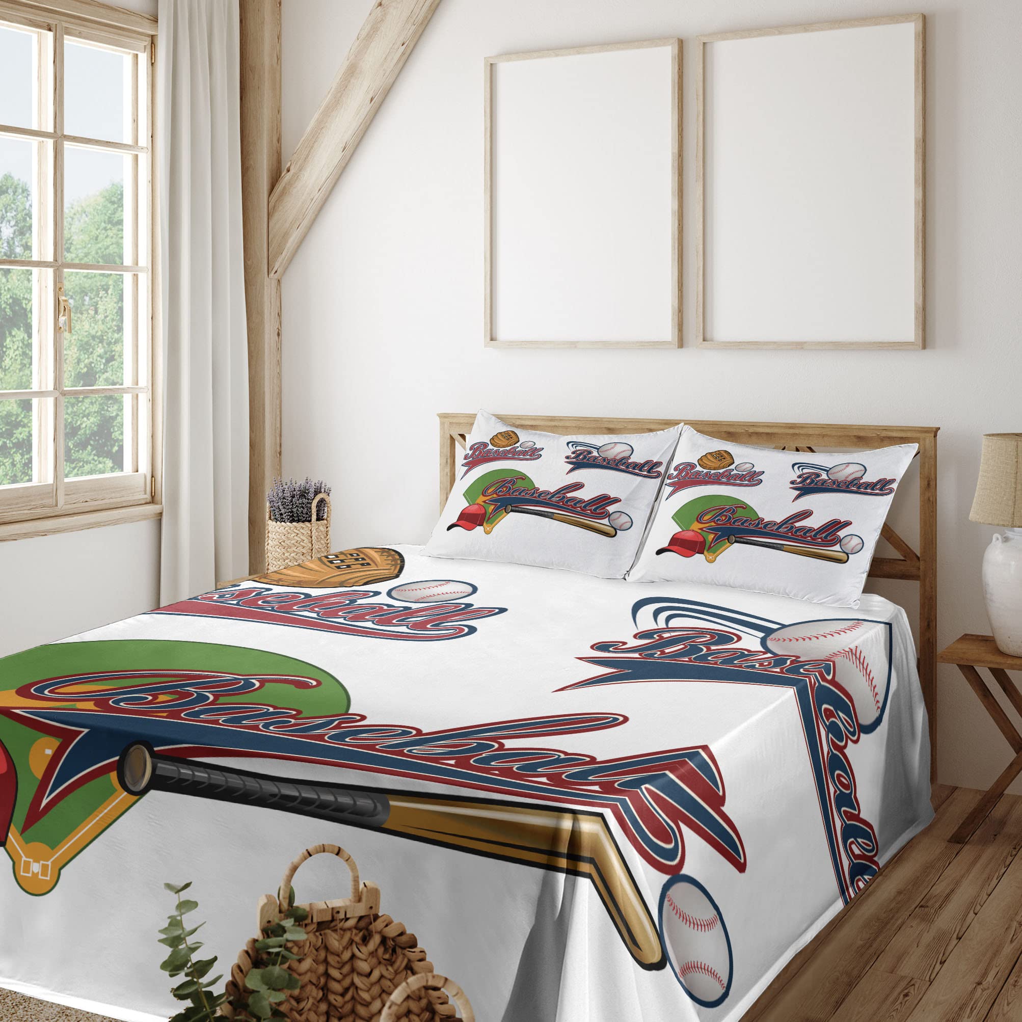 Ambesonne 3-Piece Baseball Sports Sheet Set - Twin XL Fitted & Flat Sheet with Pillowcase - Baseball Mitt, Bat & Ball Design - Team Sports Bedding for Kids & Adults - Perfect for Game Day Decor, Sports Themed Bedrooms & Fan Gifts