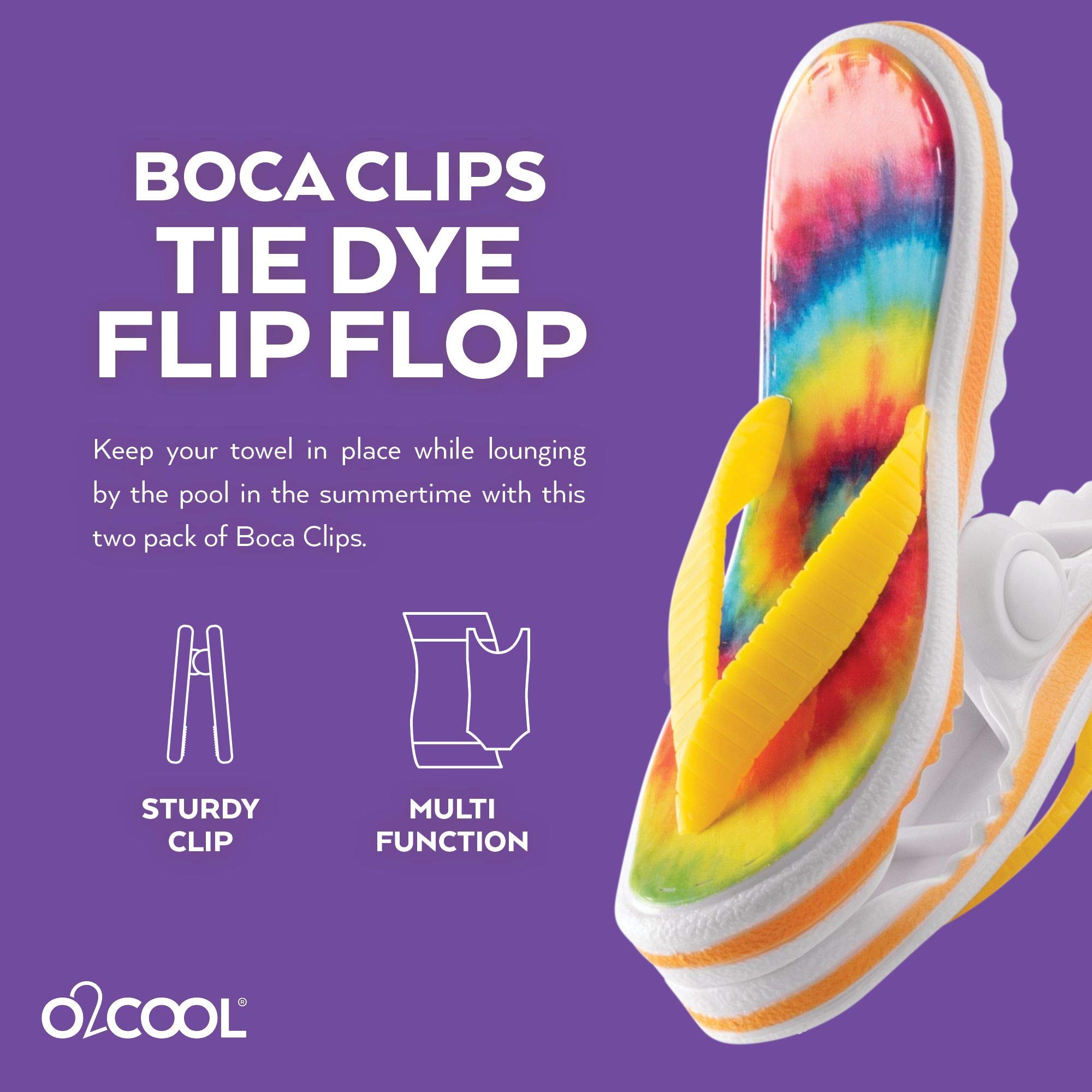 O2COOL Boca Clips - 2-Pack Beach Towel Clips for Chairs, Pool & Patio Accessories, Strong Clothes Pins for Bags, Blankets & Outdoor Gear (Tie Dye Flip Flop Design) - Perfect for Beach, Poolside & Backyard Relaxation