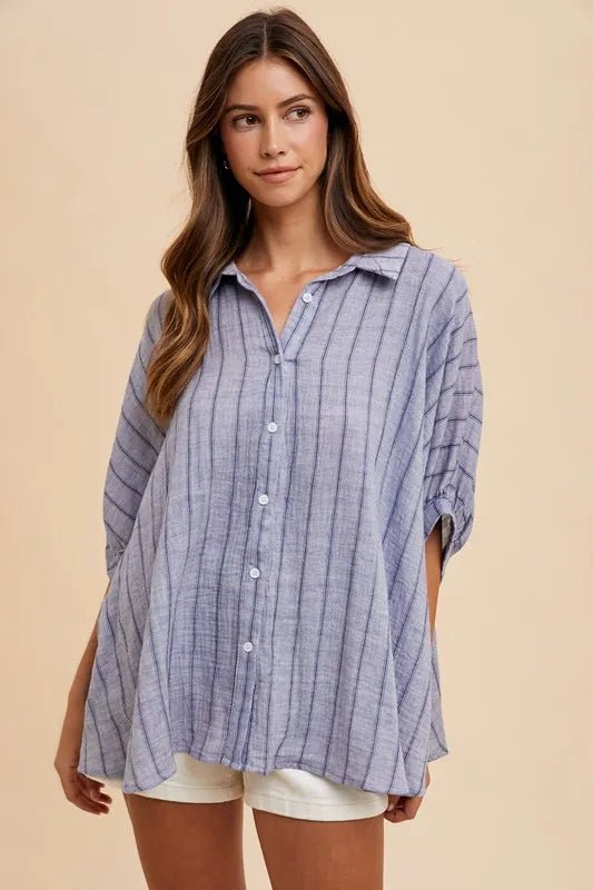 Annie Women's Striped Button Up Half Sleeve Shirt - Casual Office Wear & Summer Outfits