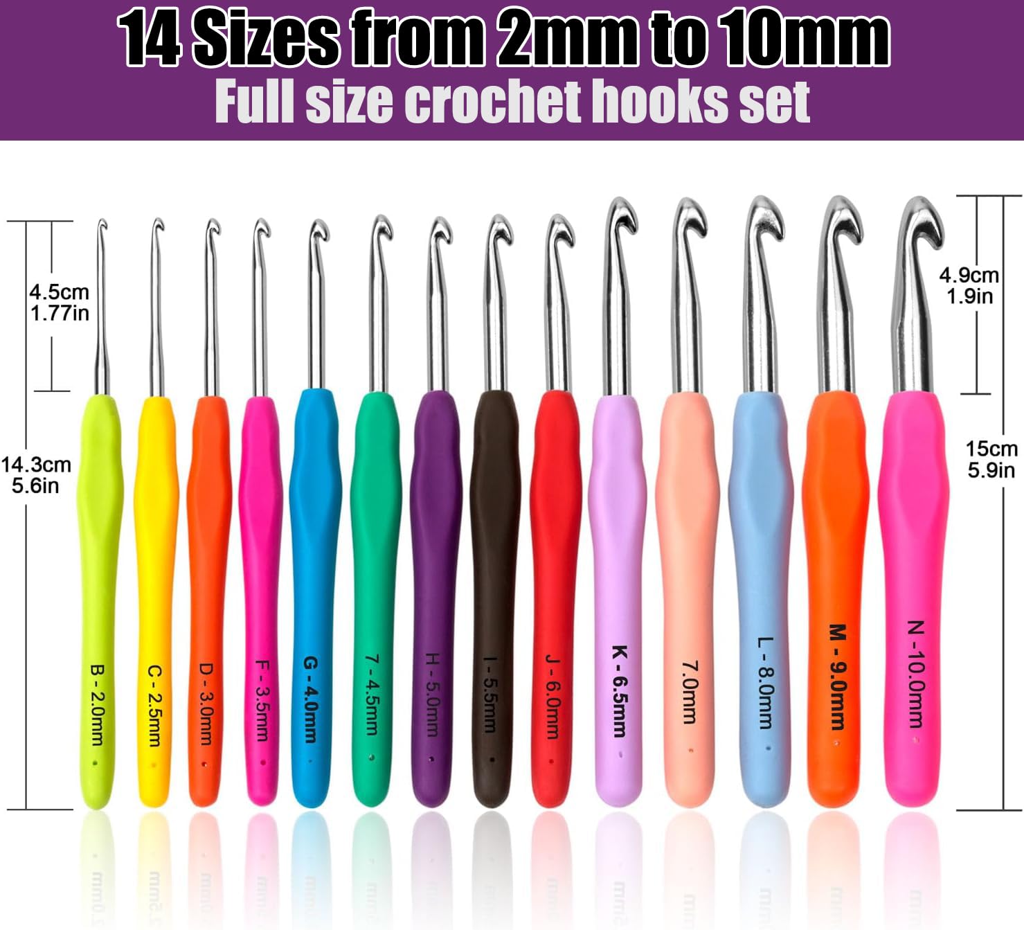 14-Piece Ergonomic Crochet Hooks Set with Soft Grip Handles - Smooth Knitting Needles Kit for Beginners & Adults - Arthritis-Friendly Crochet Needles for Women - Perfect for DIY Crafts, Blankets, Scarves & Home Decor Projects