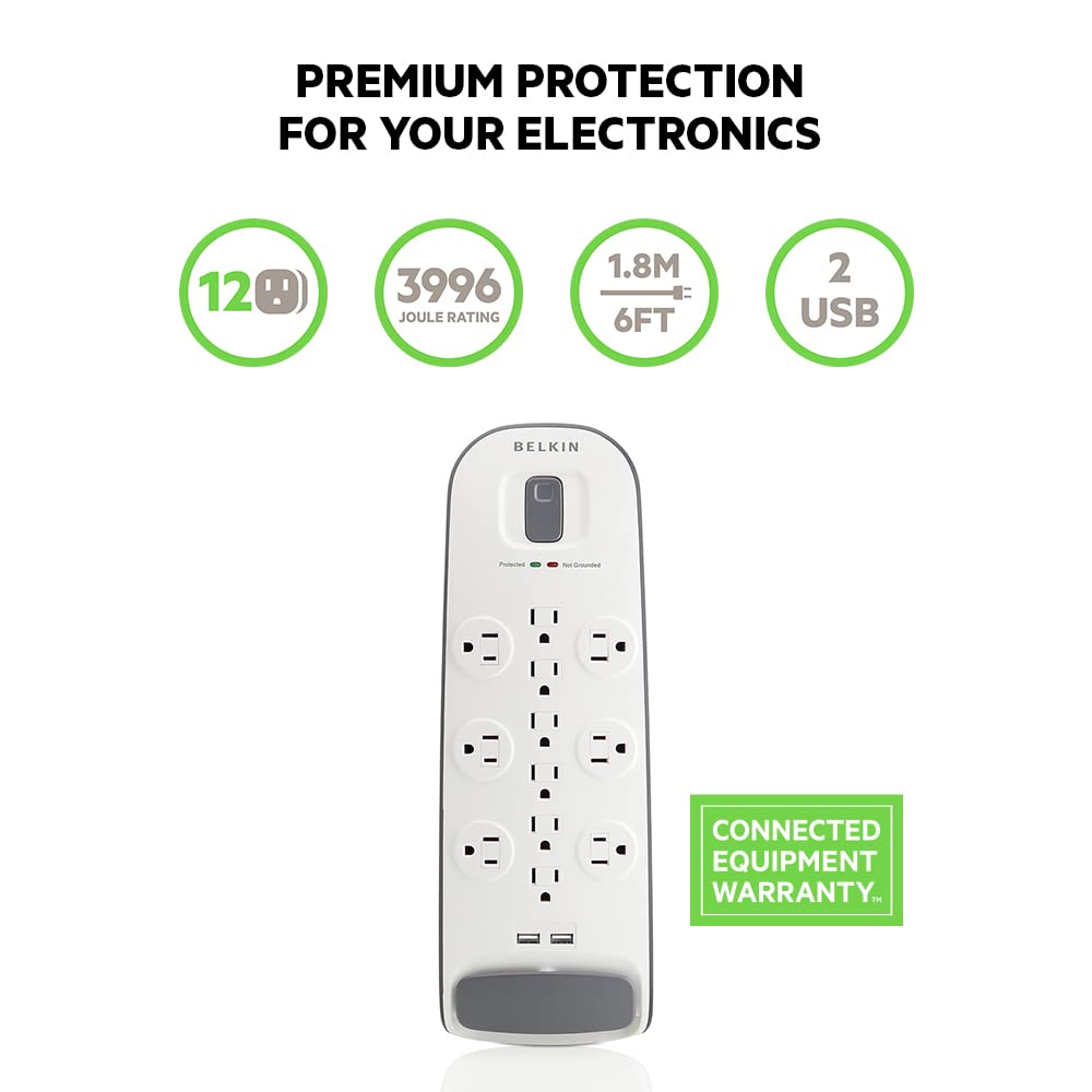 Belkin 12-Outlet Surge Protector with USB Ports, 6ft Flat Plug Power Strip (3996 Joules) - 3 Pack for Home Office, Entertainment Center & Electronics Protection - White