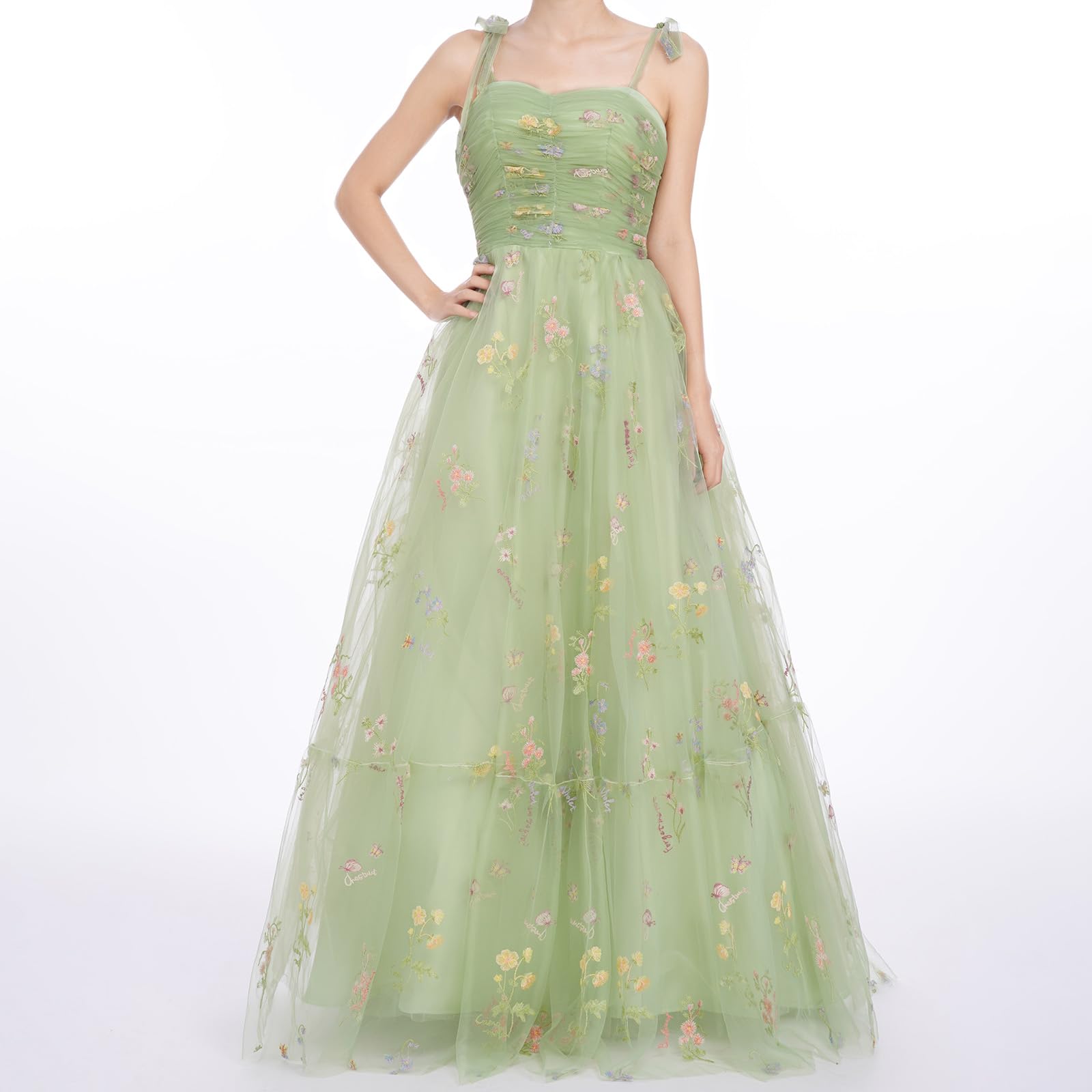 Elegant Long Floral Embroidered Maxi Dress for Women - Spaghetti Strap Wedding Party Prom Gown with Tulle Skirt | Perfect for Formal Events, Beach Weddings & Summer Evenings