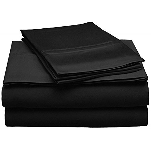 Premium 600 Thread Count Egyptian Cotton 4-Piece Sheet Set - Queen Size, Black - Fits 15