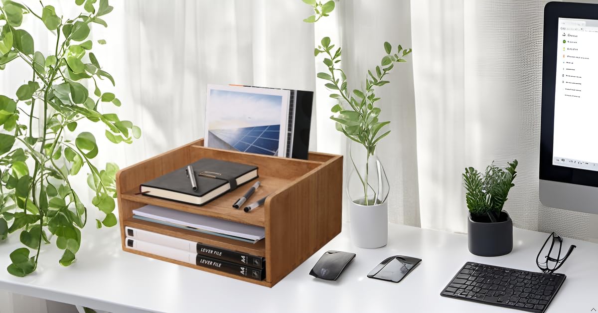 3 Tier Wooden Desktop Letter Tray - Office Desk Organizer with File Folder Holder | Paper Document Mail Sorter for Workspace, Counter & Bookshelf Storage | Perfect for Home Office, School & Professional Workspaces