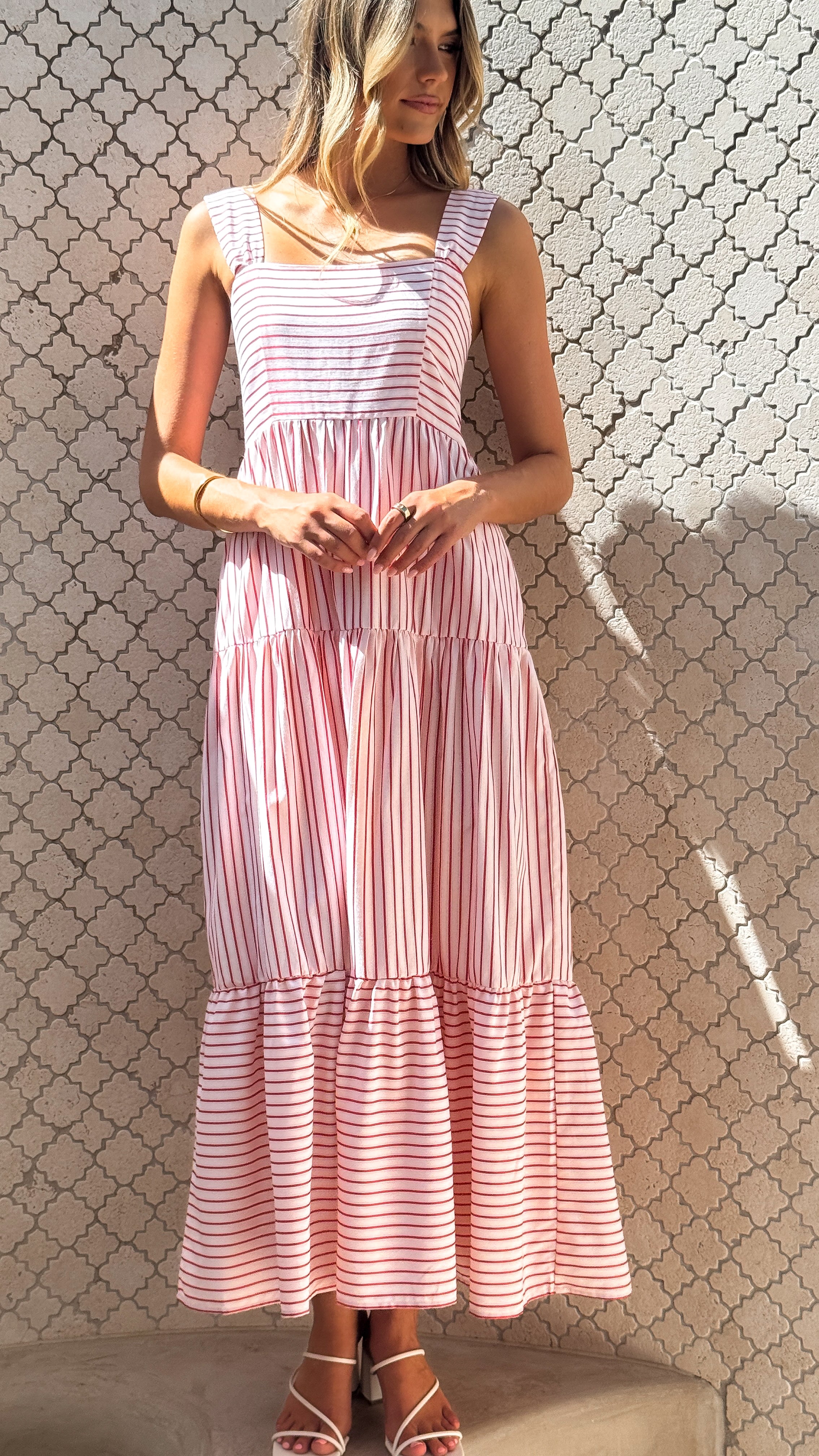 Laylah Maxi Dress - Red Stripe Floral Print Long Summer Dress for Women | Perfect for Beach Vacations, Parties & Casual Outings