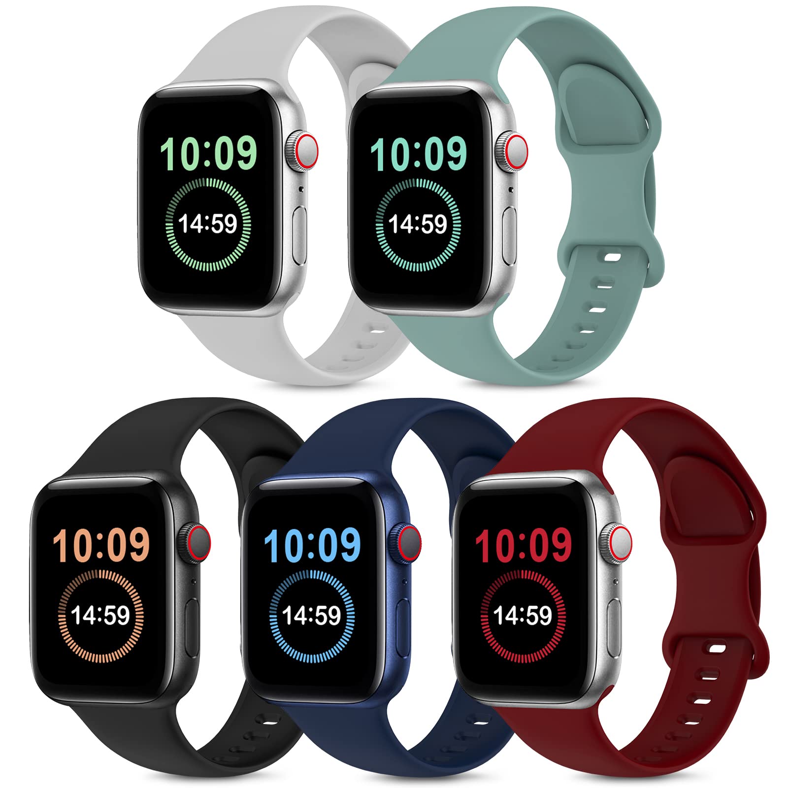 5-Pack Soft Silicone Sport Bands Compatible with Apple Watch 38mm 40mm 41mm 42mm 44mm 45mm - for iWatch SE Series 8/7/6/5/4/3/2/1 - Adjustable Strap for Women & Men (Black/Wine Red/Cactus/Grey/Navy Blue) - Perfect for Workouts, Running & Daily Wear