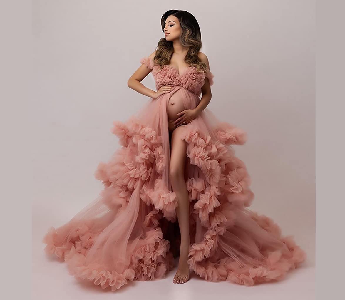 Elegant Maternity Robe - Long Lingerie Bridal Gown with Tulle & Ruffles for Pregnancy Photoshoots, Baby Showers & Honeymoon Nights