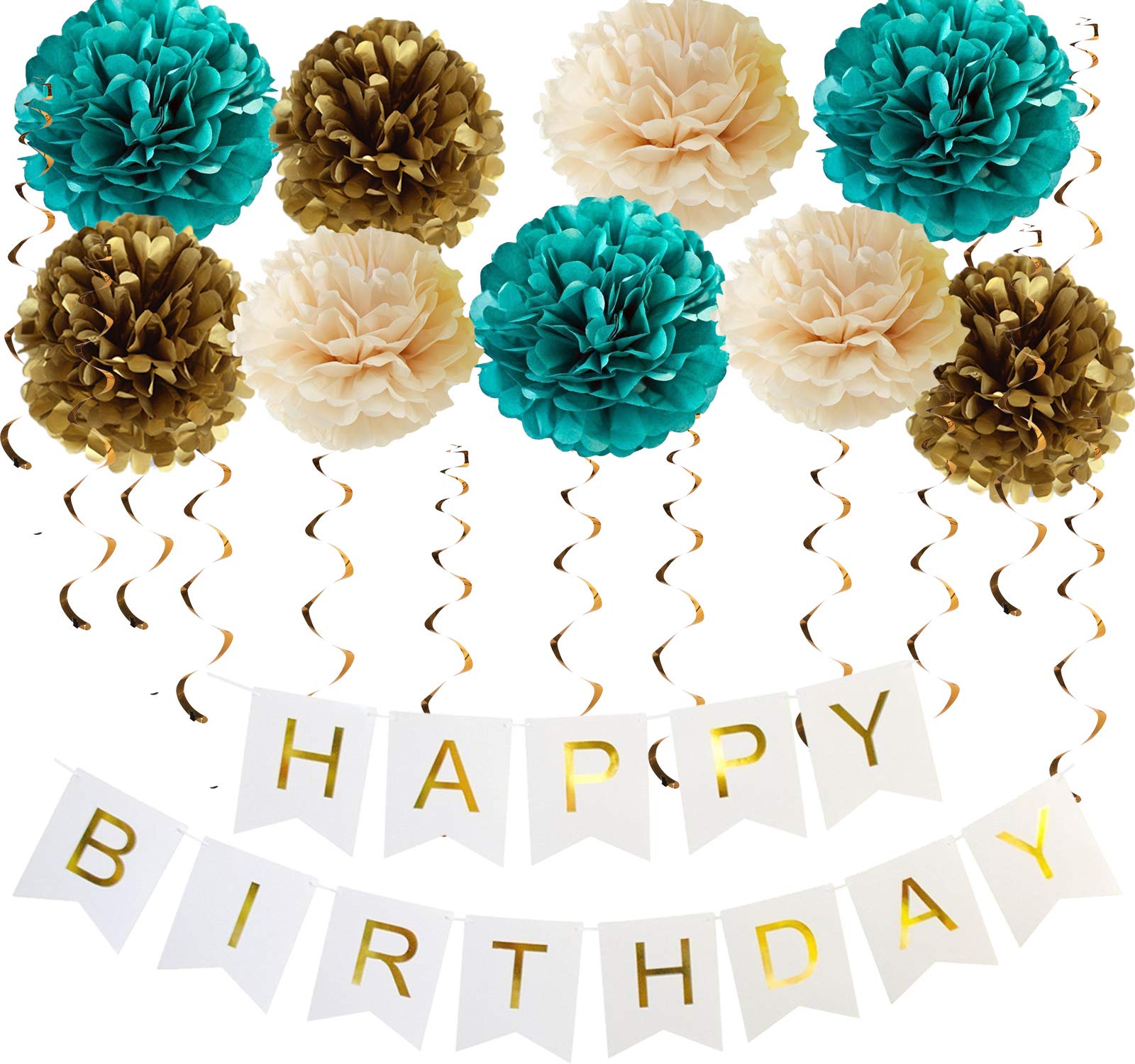 Elegant Teal & Gold Birthday Party Decorations for Women - Happy Birthday Banner, Tissue Pom Poms - Perfect for Women's Birthday, Bridal Shower & Girls Party Decor (Teal Champagne Gold)