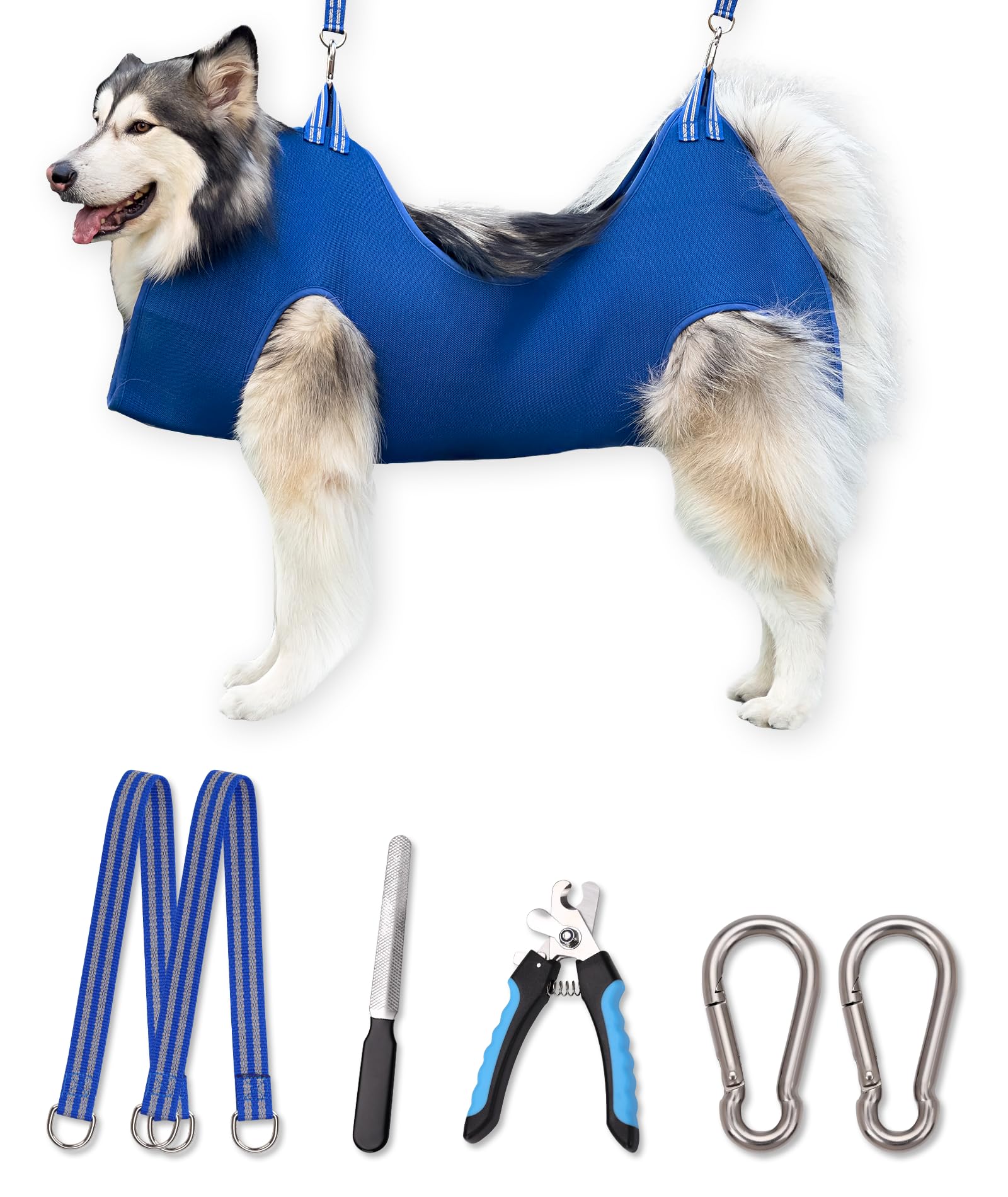 10 in 1 Dog Grooming Hammock Harness with Nail Clippers, Trimmer & File - Pet Grooming Sling for Safe Nail Trimming - XXXL Size Fits Dogs Under 130lbs (Blue) - Perfect for Anxious Pets & Home Grooming Sessions