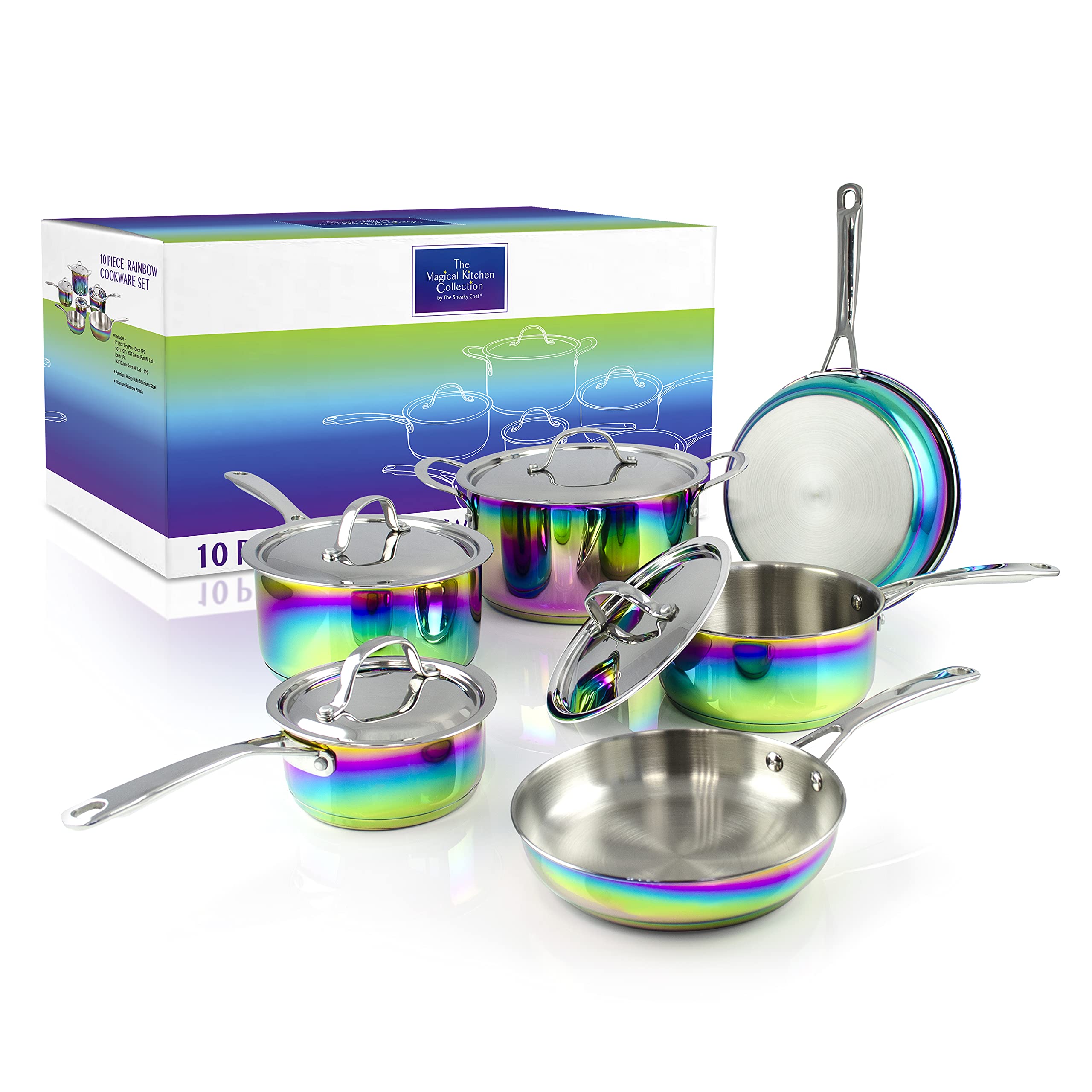 Rainbow Cookware Set - 10-Piece Stainless Steel & Titanium Pots and Pans Set - Nonstick, Induction Compatible, Oven-Safe - Durable Kitchen Cookware for Home Chefs - Perfect for Frying, Boiling, Baking & Everyday Cooking