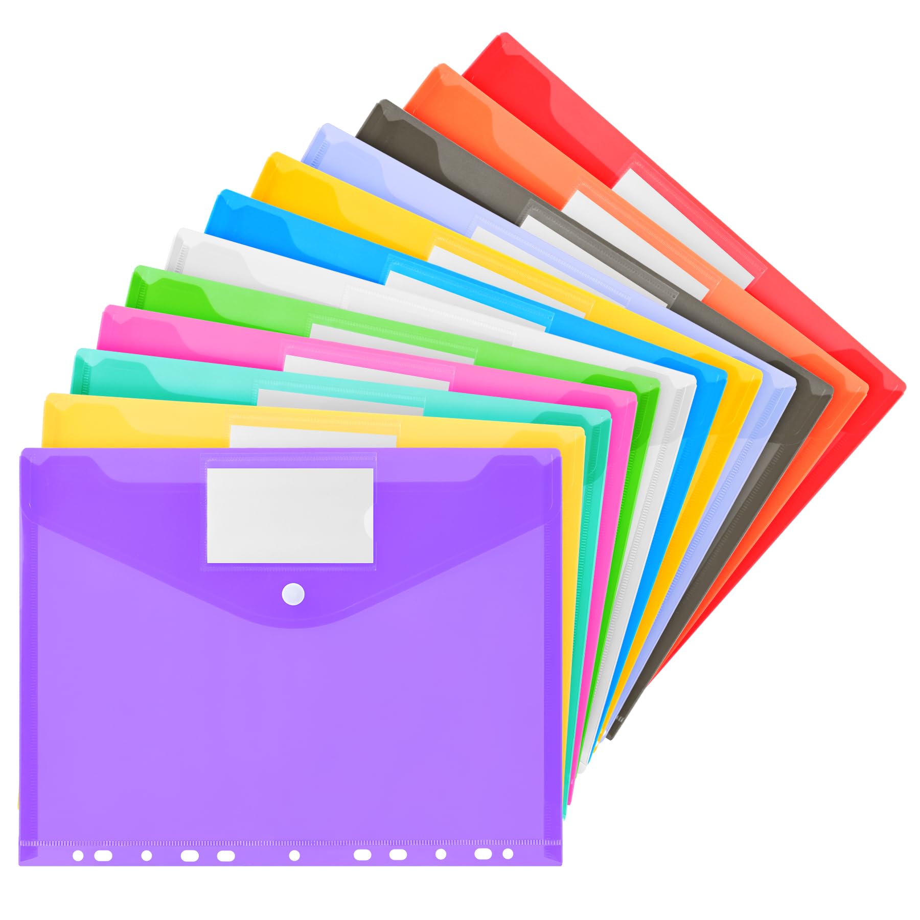 12 Pack Plastic Binder Pockets with Snap Button - 11 Holes Expandable Poly Envelopes for 2/3/4 Ring Binders - 12 Assorted Colors - Perfect for School, Office & Home Organization (Document Storage, Filing, Paperwork)