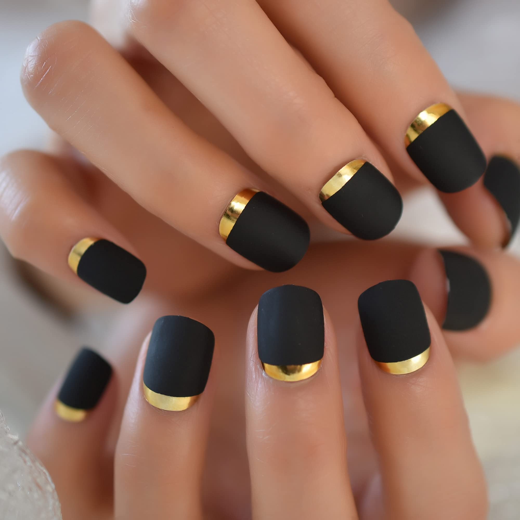 Black Matte Press On Nails with French Tip Designs - Easy DIY Fake Stick On Nails for Women - Gold Metallic Glam Manicure - Perfect for Parties, Weddings & Special Occasions