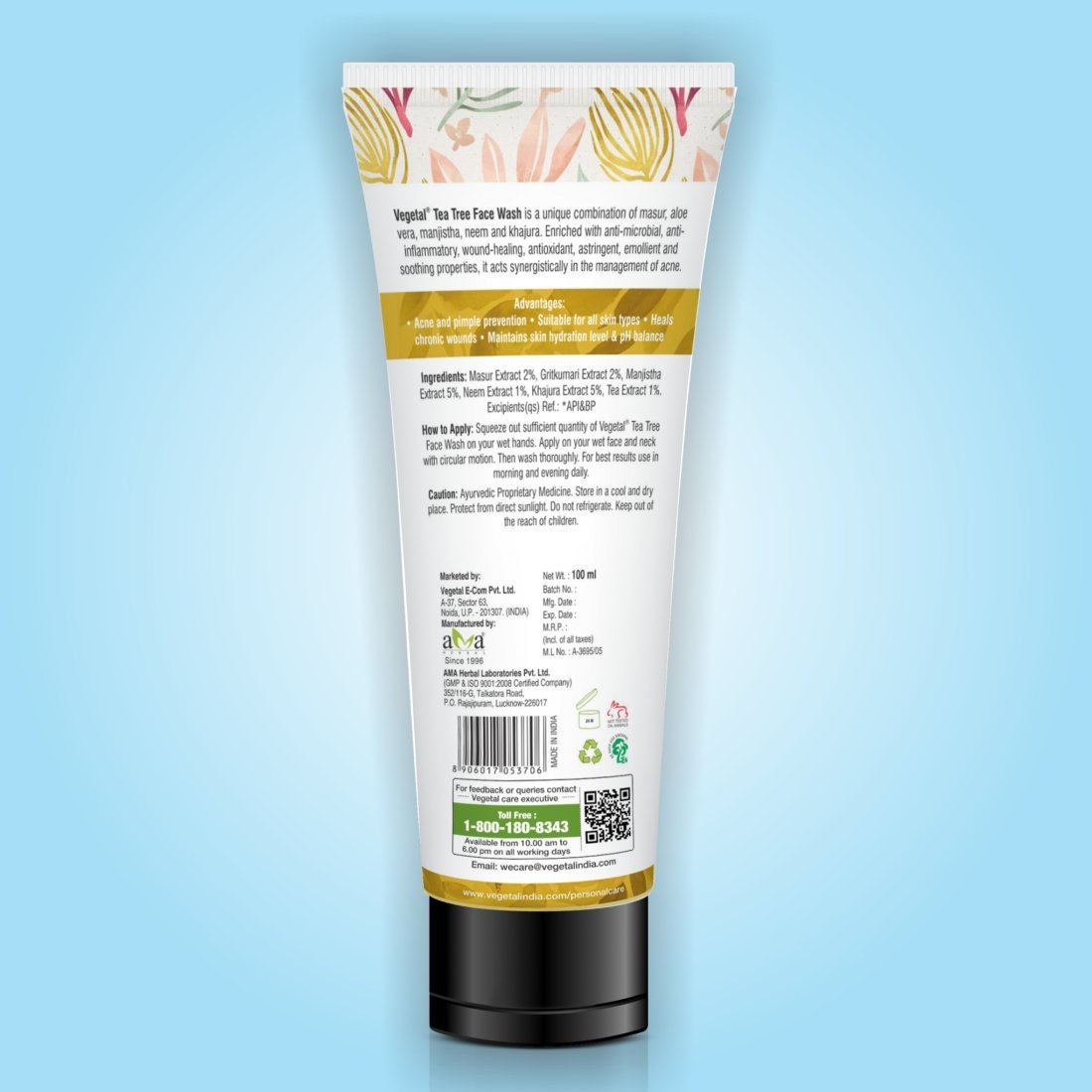 100% Natural Tea Tree Face Wash with Green Tea, Neem, Manjistha & Khajoor Extracts - Anti Acne & Oil Control - Paraben & SLES Free - Gentle Cleanser for Oily & Acne-Prone Skin - Perfect for Daily Skincare Routine & Deep Pore Cleansing