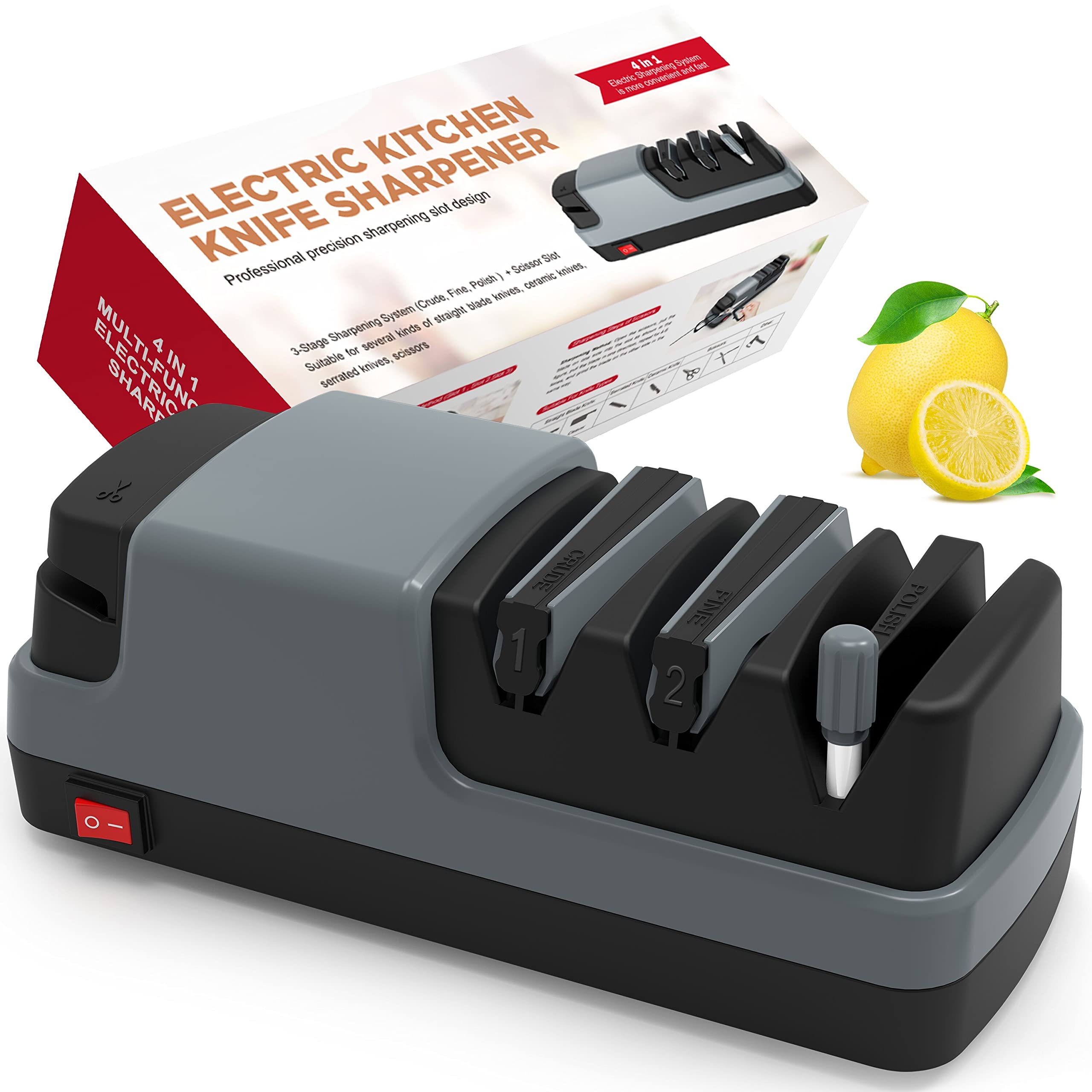 Best Electric Knife Sharpener - 4-in-1 Professional Knife Sharpening Tool for Straight, Serrated & Ceramic Knives + Scissors | Perfect for Kitchen, Camping & Outdoor Cooking