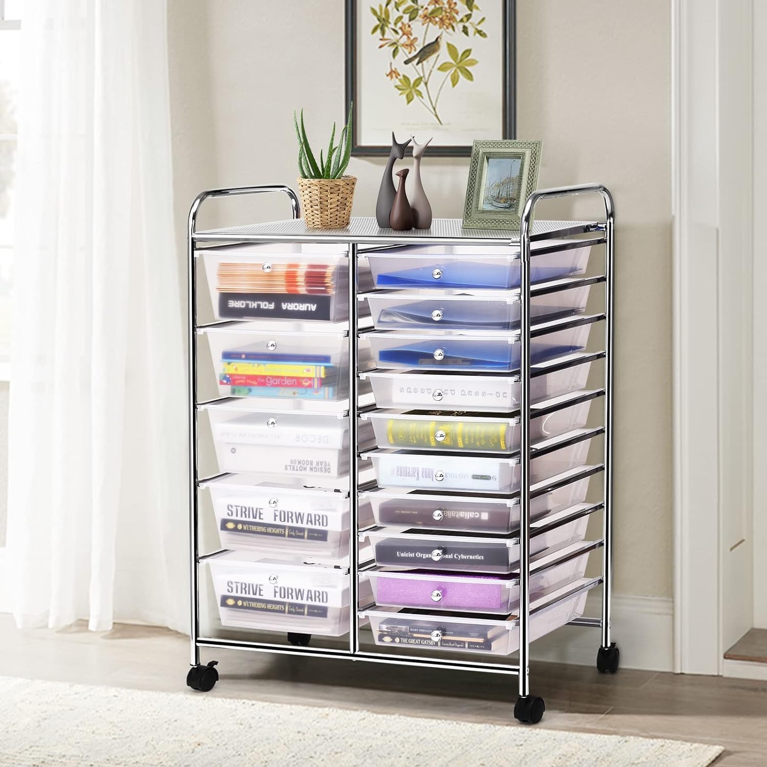 LDAILY 15-Drawer Rolling Storage Cart with Durable Metal Frame - Multipurpose Mobile Organizer for Office, School, Craft Room & Home - Perfect for Scrapbook Supplies, Stationery & Tools (Clear)