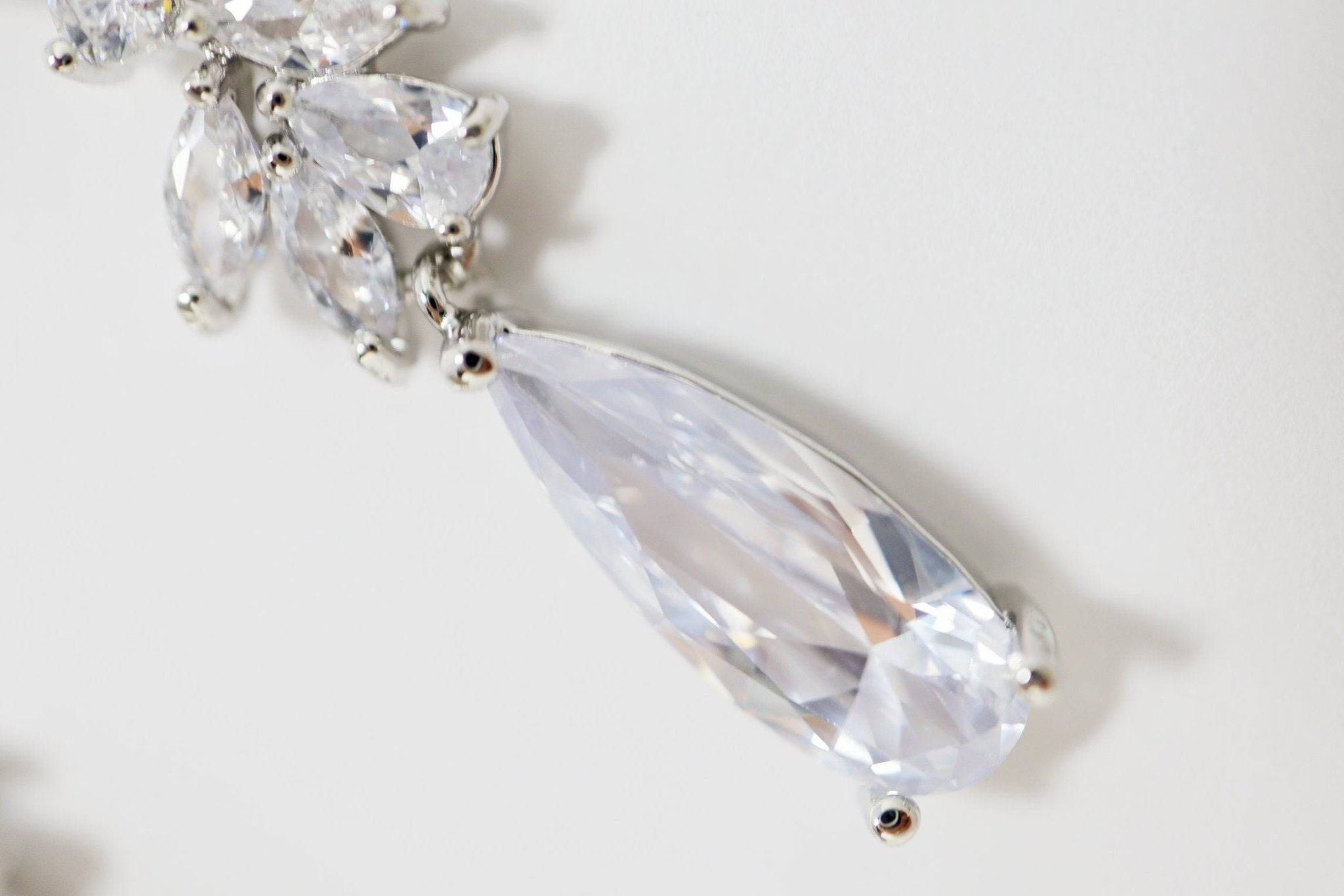Cuboc Zirconia Leaf Drop Crystal Earrings | Long Bridal Jewelry | Wedding Statement Earrings | Elegant CZ Diamond Dangle Earrings for Brides, Prom & Special Occasions