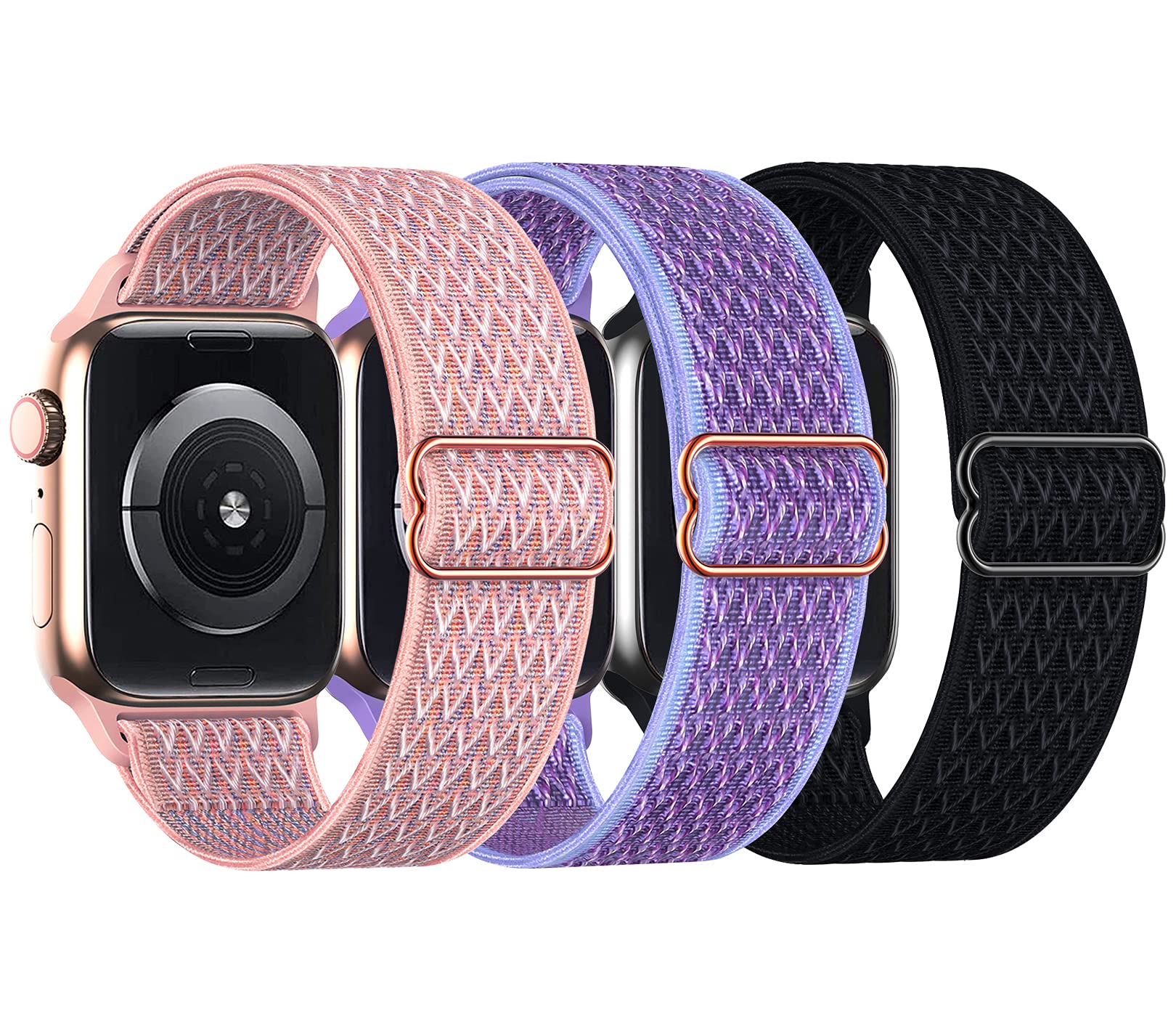 3 Pack Nylon Stretchy Bands for Apple Watch 38mm 40mm 42mm 44mm 45mm 41mm - Adjustable Braided Elastic Strap Compatible with iWatch Series 1/2/3/4/5/6/7/8/SE/Ultra - Perfect for Workouts, Running & Everyday Wear