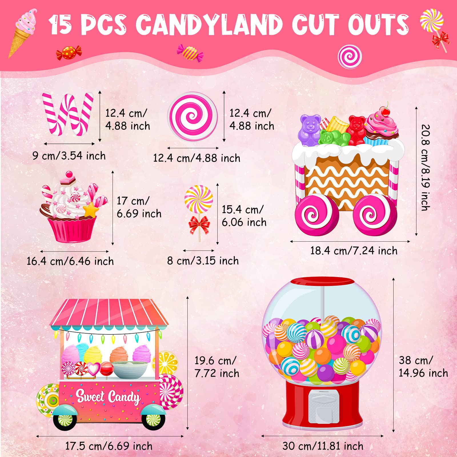 Outus Candyland Ice Cream Bulletin Board Decor Set - 36pcs Candy Cutouts with Glue Points for Classroom, Birthday Party & Halloween Decorations | School, Office, Party Supplies | Sweet Theme Classroom Decor