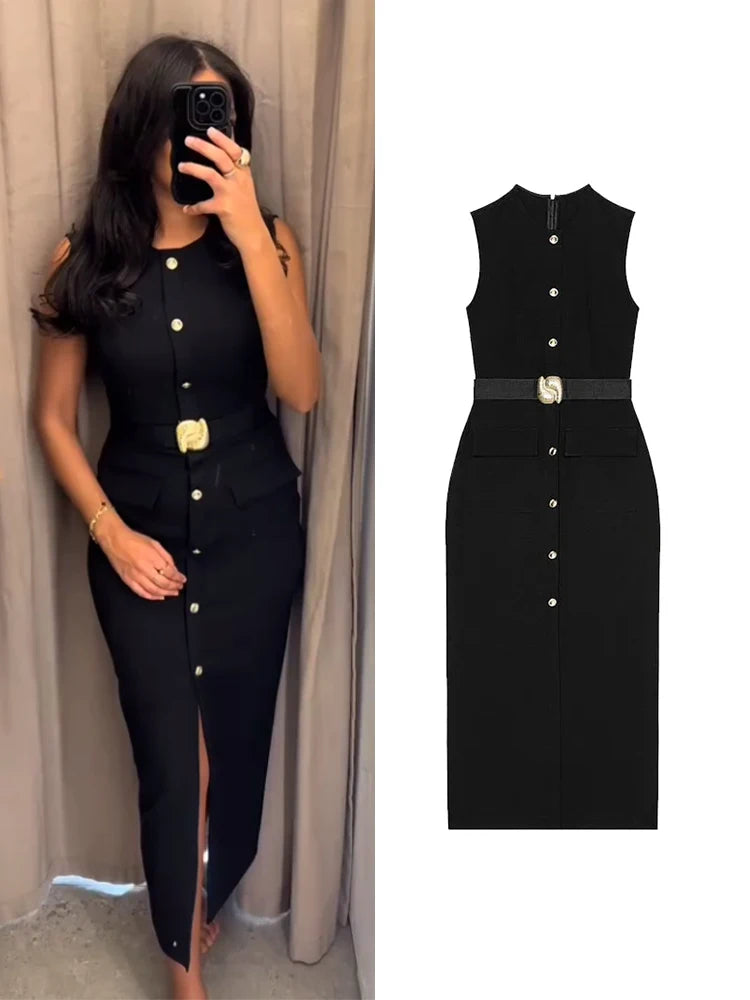 Elegant Split Neck Sleeveless Women's Maxi Dress with Waist Cincher & Pockets - Summer Beach Party, Wedding Guest, Vacation Outfit