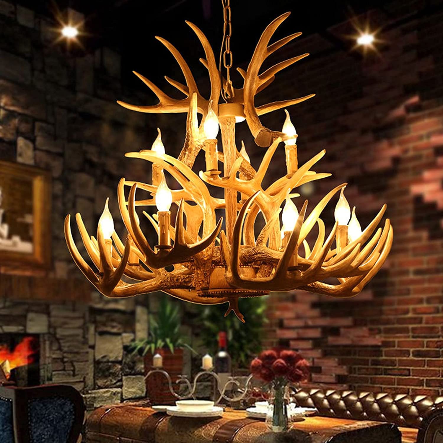 12-Light Resin Deer Antler Chandelier - Double Layer Rustic Country Style Horn Lighting Fixture for Living Room & Dining Room - Perfect for Cabin, Lodge, and Western-Themed Decor (15 Antlers)