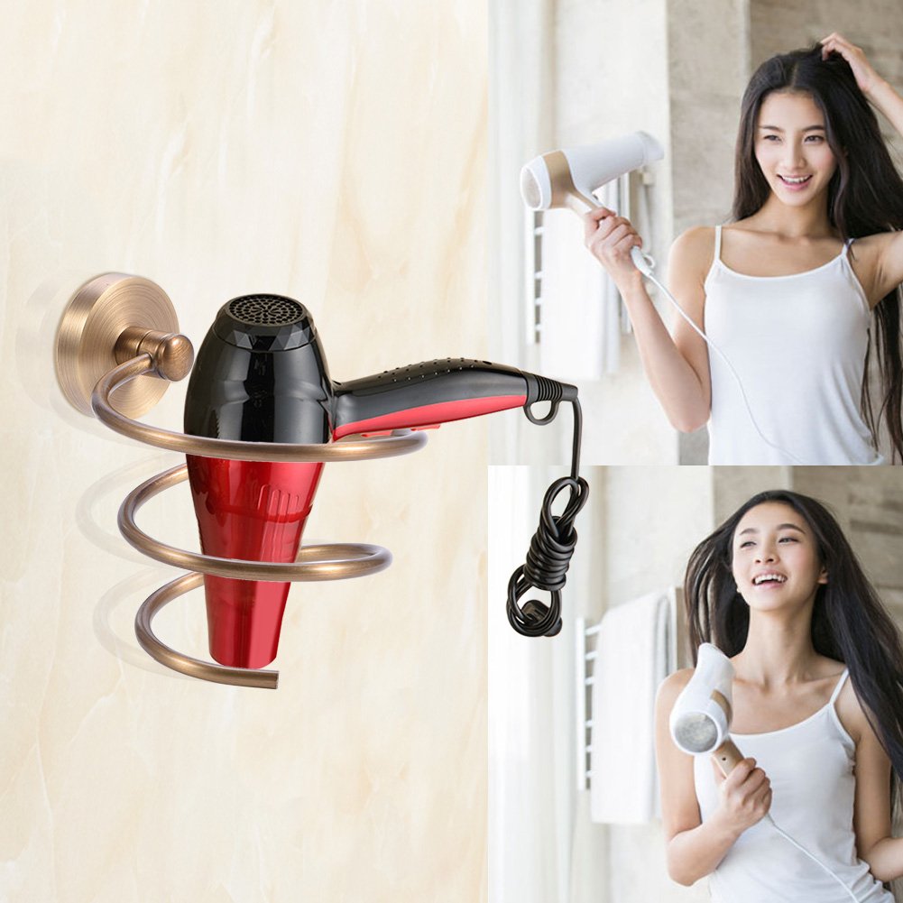 Zerodis Antique Solid Brass Wall Mount Hair Dryer Holder - Bathroom Organizer Shelf for Hair Blower Storage, Home Use Convenient Household Rack - Perfect for Small Bathrooms, Salons & Vanity Organization