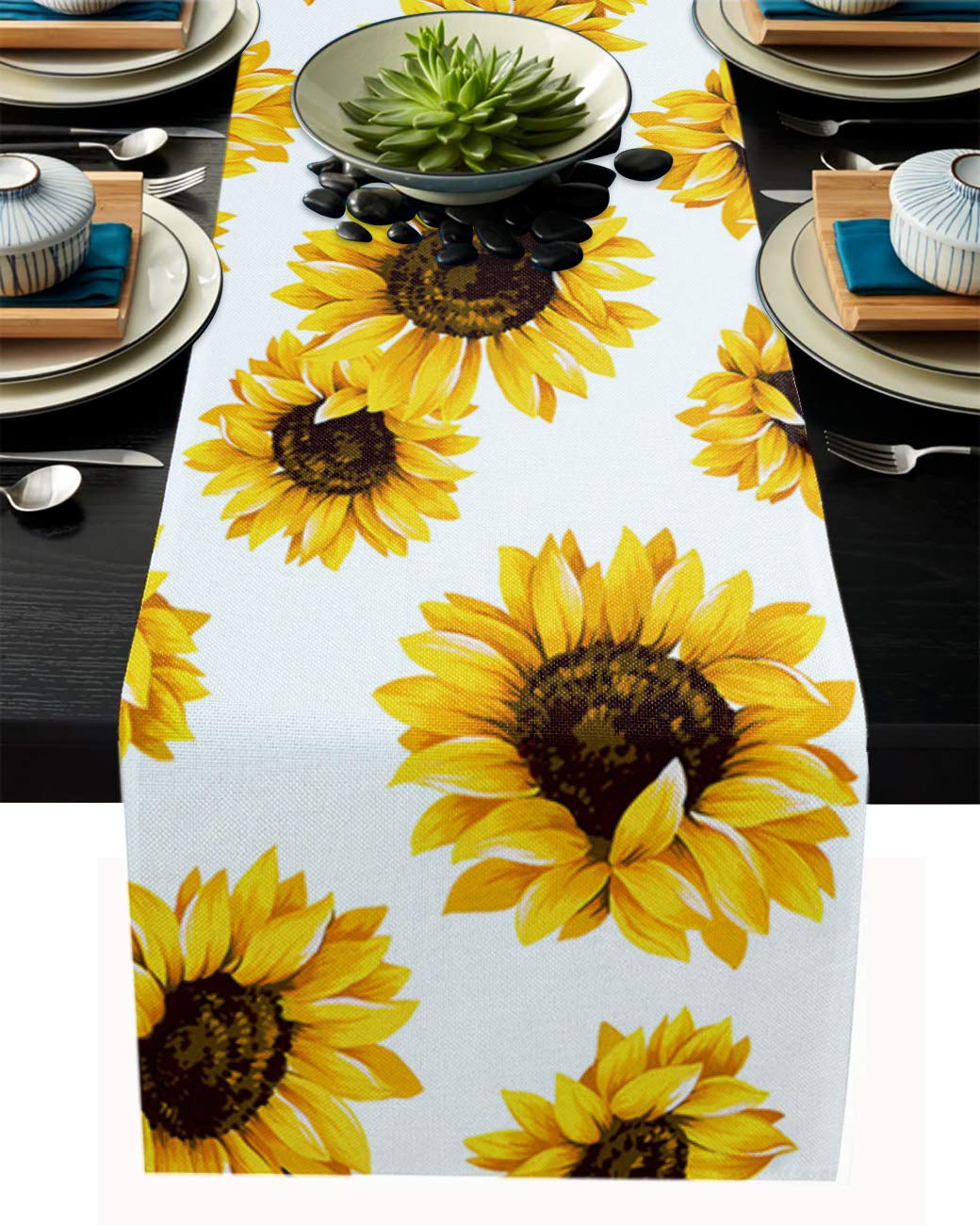White Sunflower Cotton Linen Table Runner - 13x108 Inch Rectangle Table Scarf for Farmhouse Kitchen, Dining Room, Party & Wedding Decor - Perfect for Holiday Dinner Settings and Home Decor