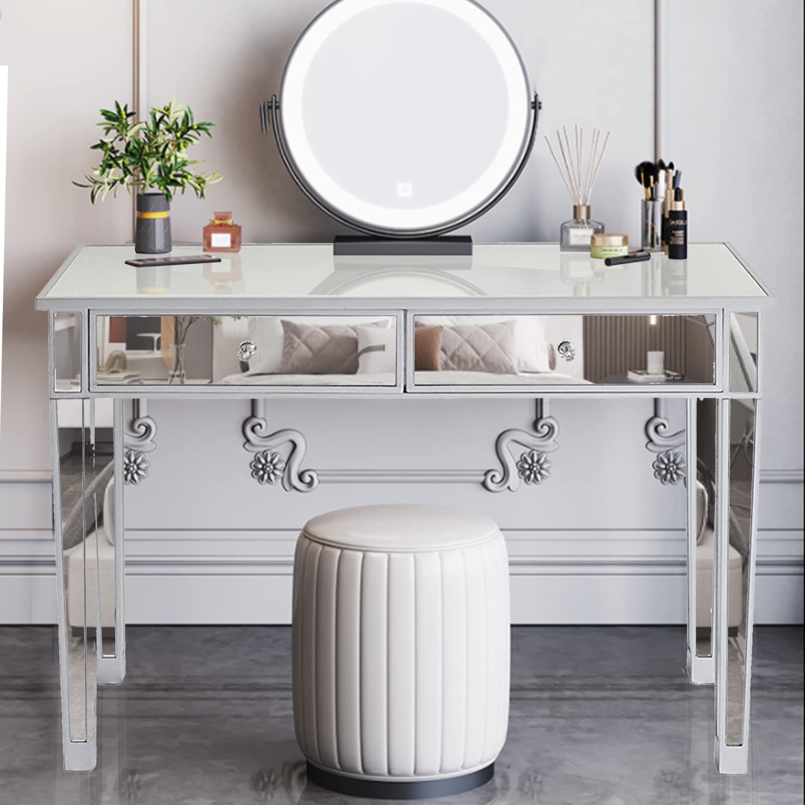 Modern Mirrored Console Table with 2 Drawers - Contemporary Makeup Vanity Desk & Dressing Table, Elegant Sofa Side Table for Entryway, Living Room & Bedroom - Perfect for Makeup, Storage & Home Decor